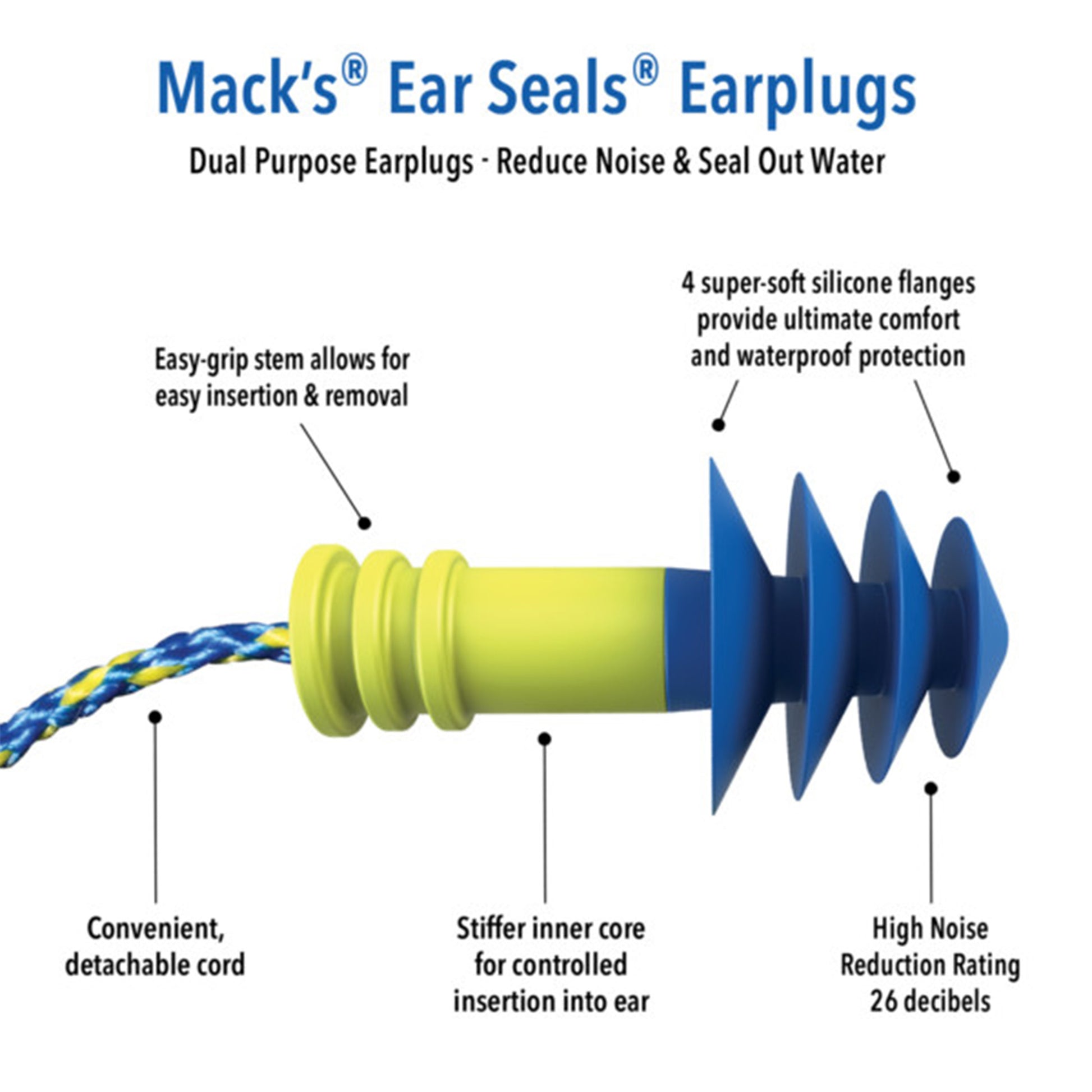 Mack's Ear Seals® Dual Purpose Ear Plugs w/ Leash