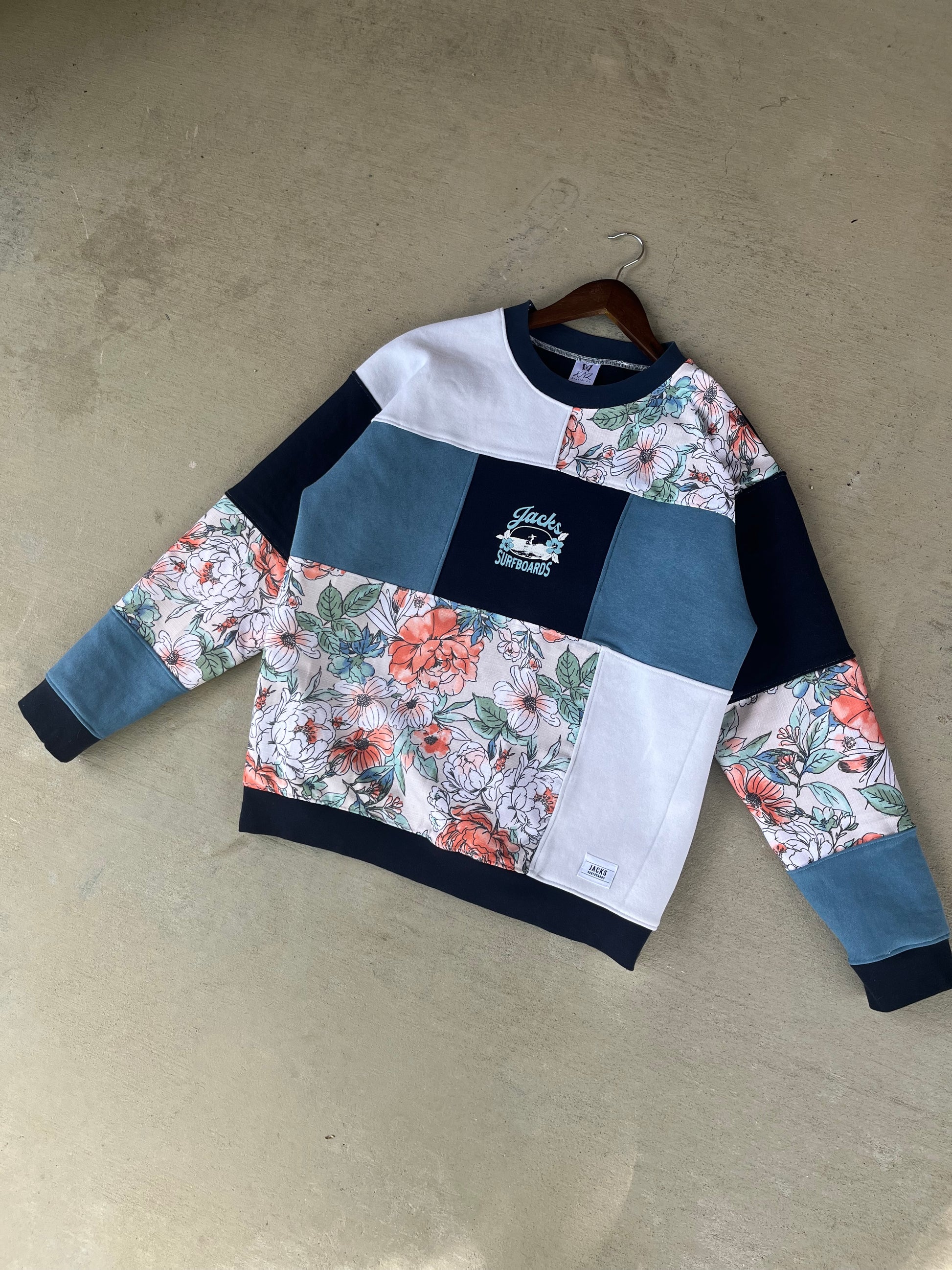 KNL Reworks x Jack's Surfboards Women's Tip Toe Crewneck Sweatshirt - Limited Navy/Floral Patchwork