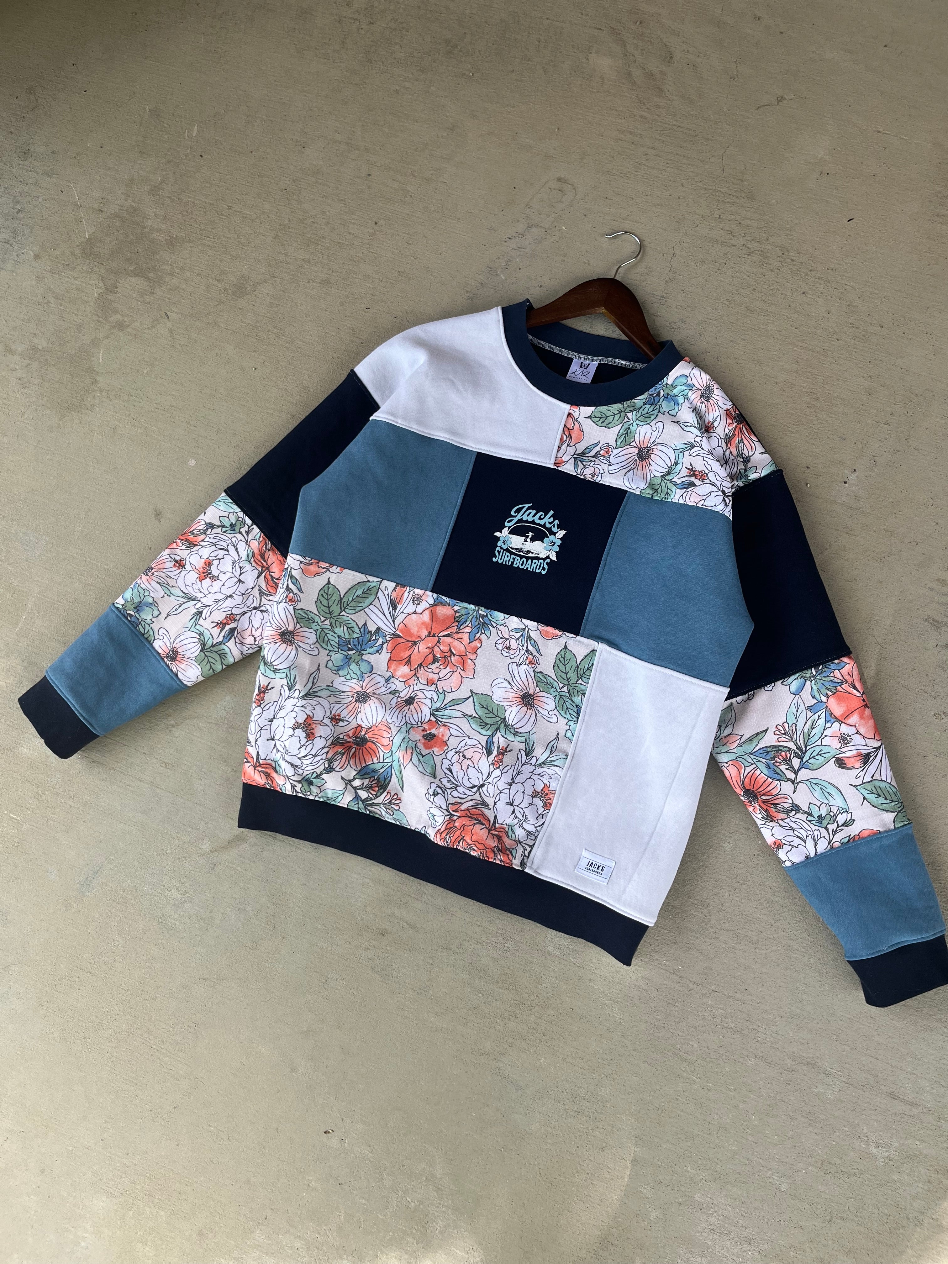 KNL Reworks x Jack's Surfboards Women's Tip Toe Crewneck Sweatshirt - Limited Navy/Floral Patchwork
