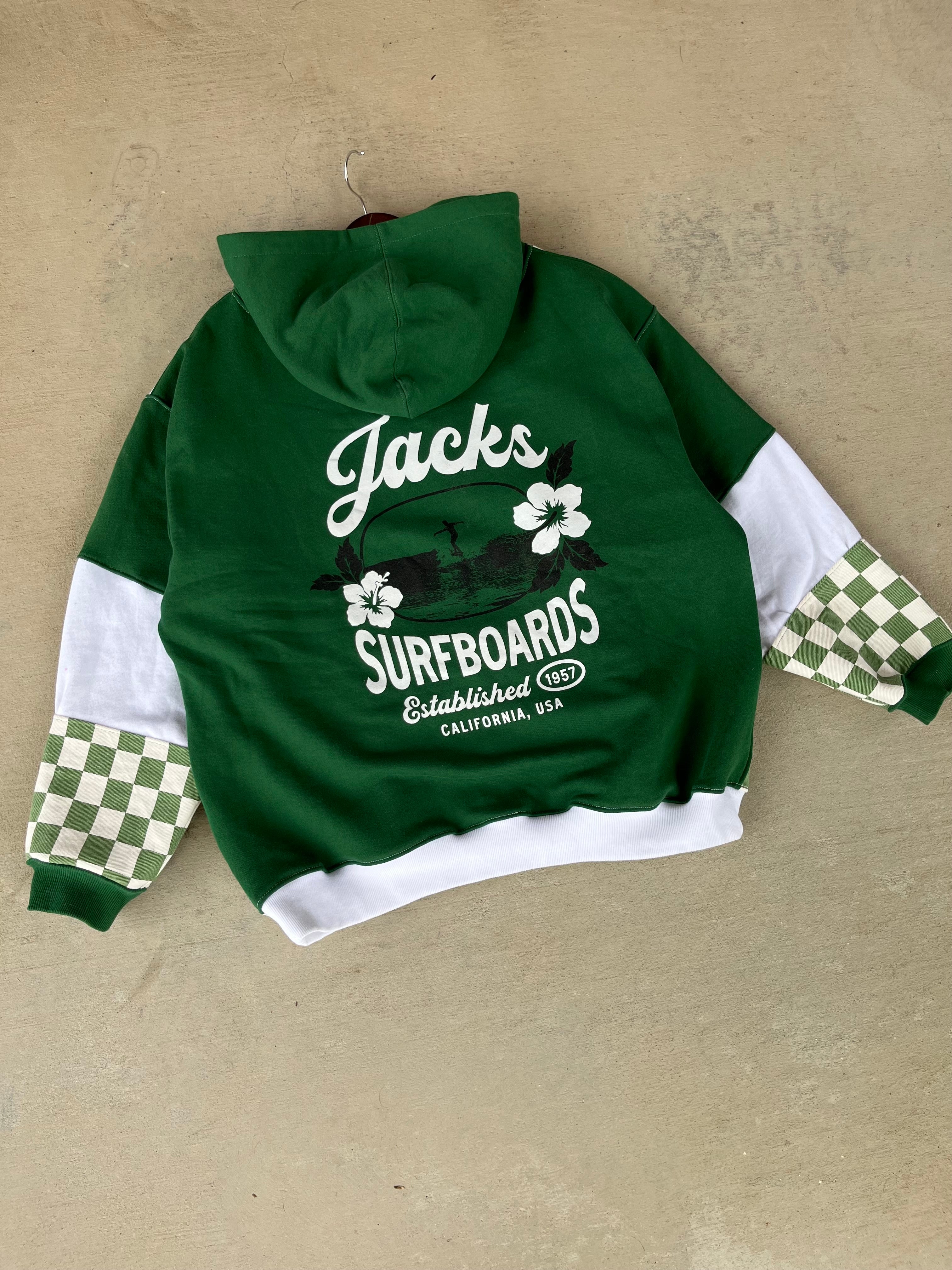 KNL Reworks x Jacks Surfboards Women's Tip Toe Pullover Hoodie - Limited Green Patchwork