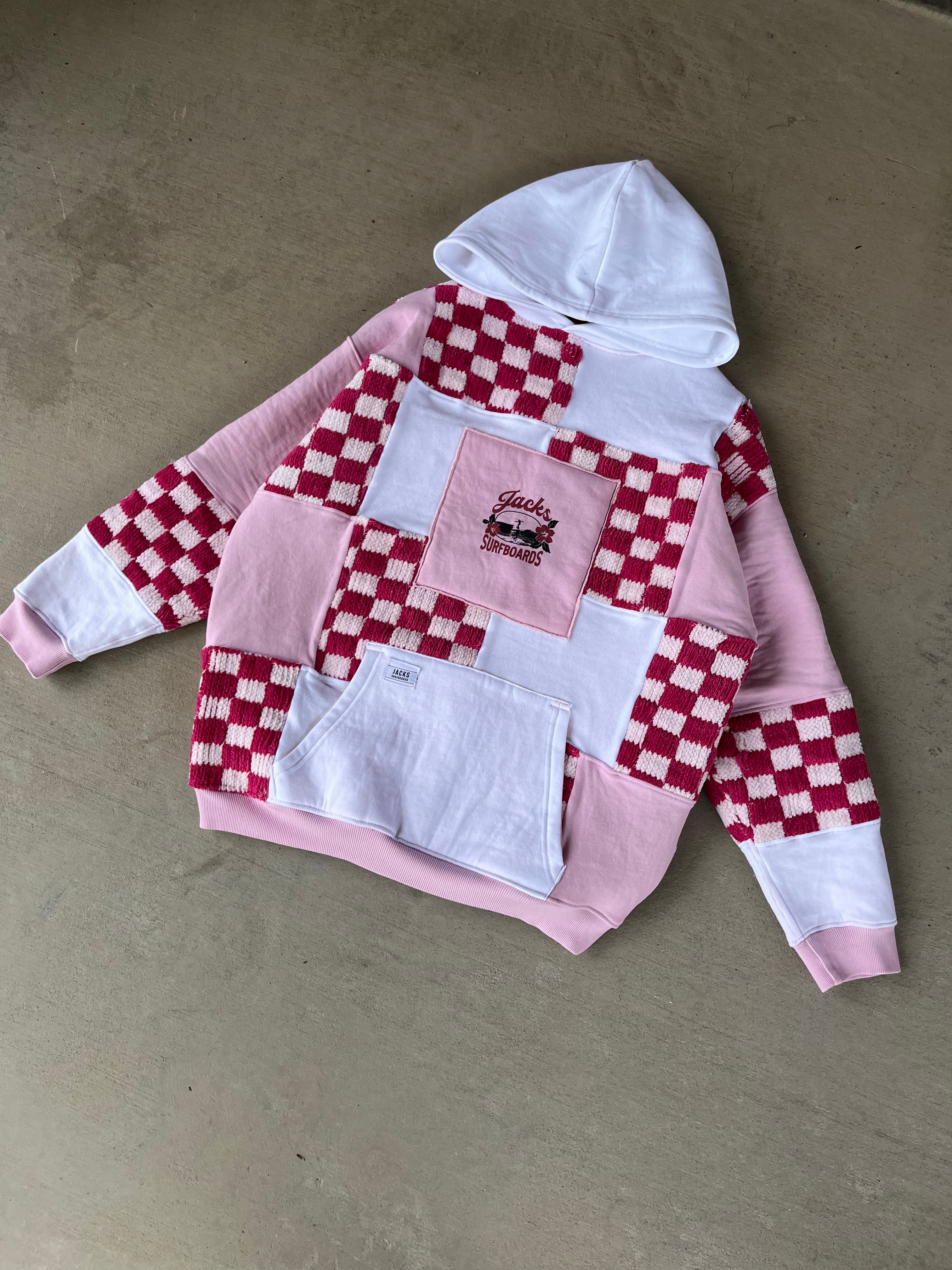 KNL Reworks x Jack's Surfboards Women's Tip Toe Pullover Hoodie - Limited Pink/Cherry Patchwork