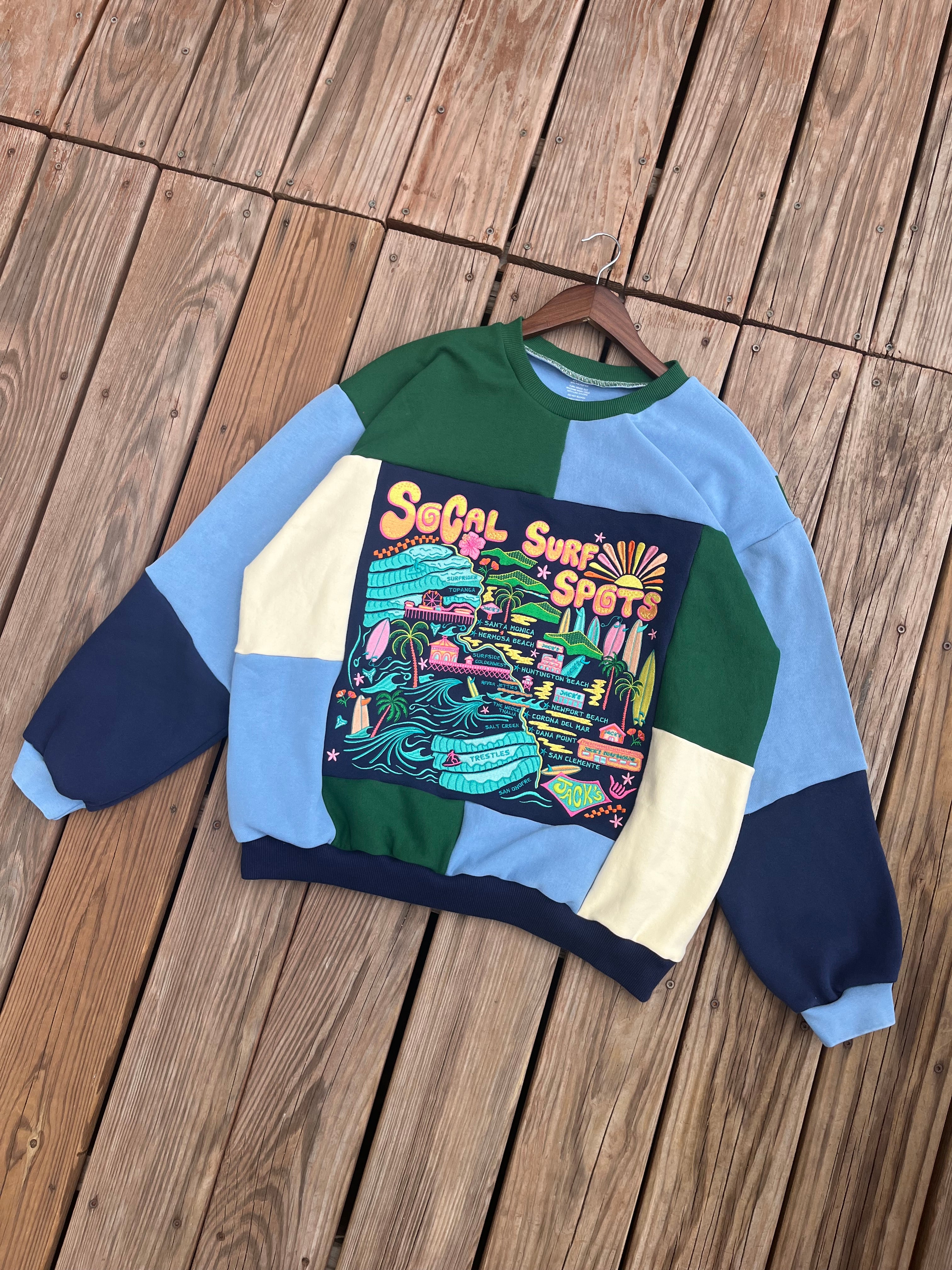 KNL Reworks x Jack's Surfboards Women's Socal Surf Crewneck Sweatshirt - Limited Blue/Navy Patchwork