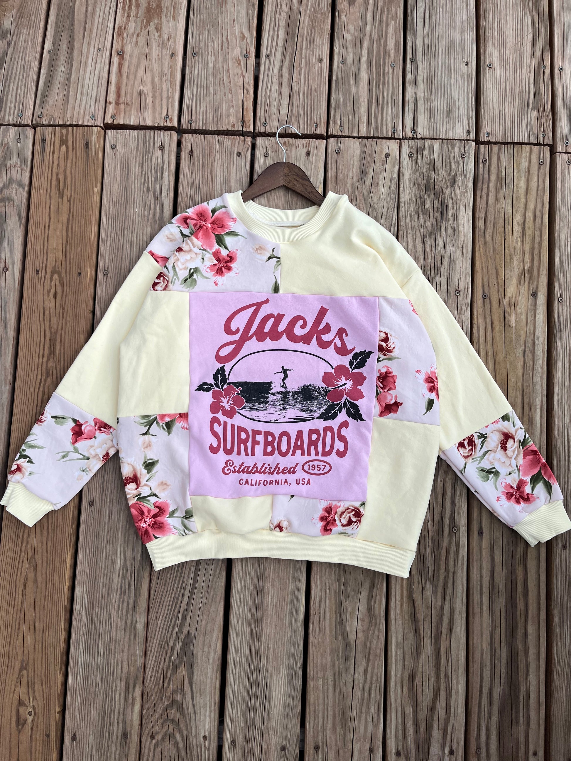 KNL Reworks x Jack's Surfboards Women's Tip Toe Crewneck Sweatshirt - Limited Yellow Patchwork