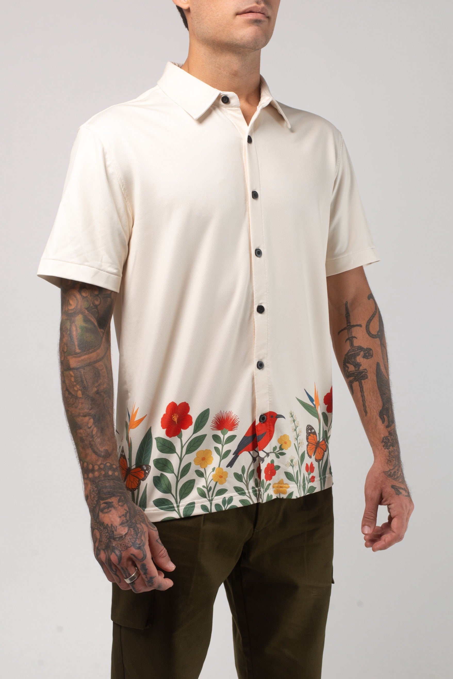 Aqua Terra Floral Fauna and Forest Tech Button Up Shirt