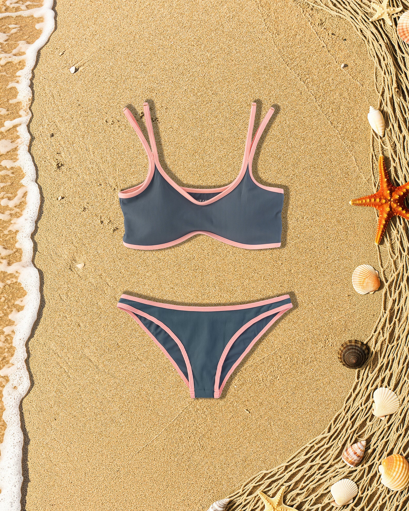 Lola Ribbed Swim Bottom - Slate/Soft Coral