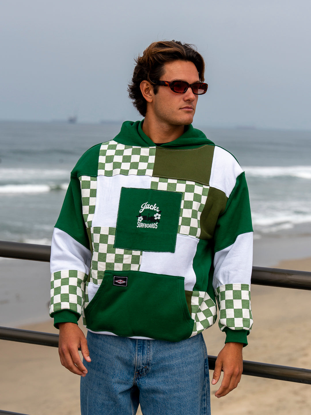 KNL Reworks x Jacks Surfboards Women's Tip Toe Pullover Hoodie - Limited Green Patchwork