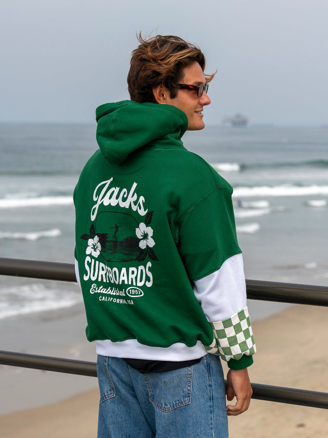 KNL Reworks x Jacks Surfboards Women's Tip Toe Pullover Hoodie - Limited Green Patchwork
