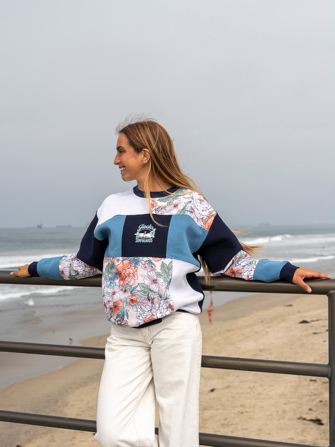 KNL Reworks x Jack's Surfboards Women's Tip Toe Crewneck Sweatshirt - Limited Navy/Floral Patchwork