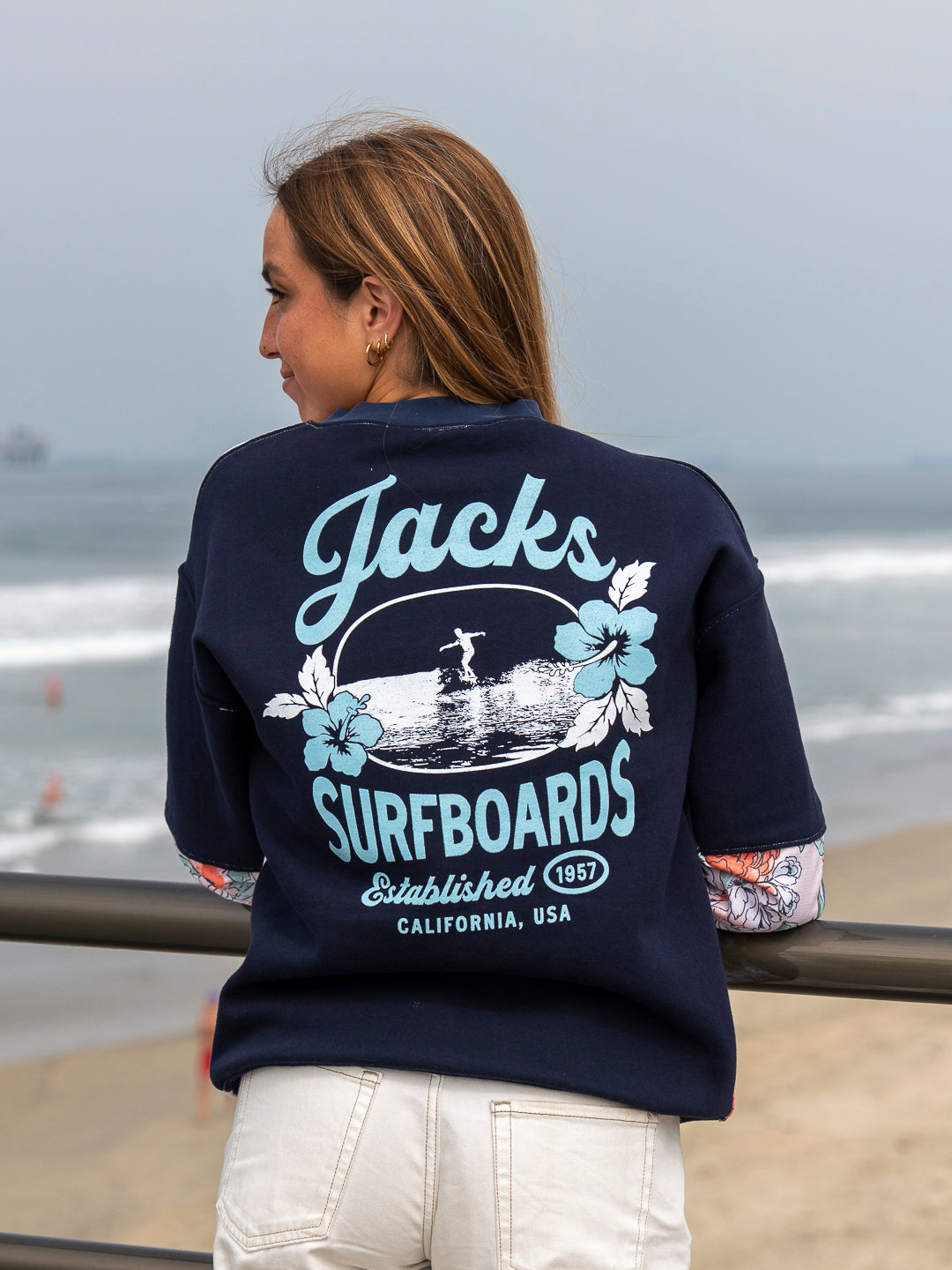 KNL Reworks x Jack's Surfboards Women's Tip Toe Crewneck Sweatshirt - Limited Navy/Floral Patchwork