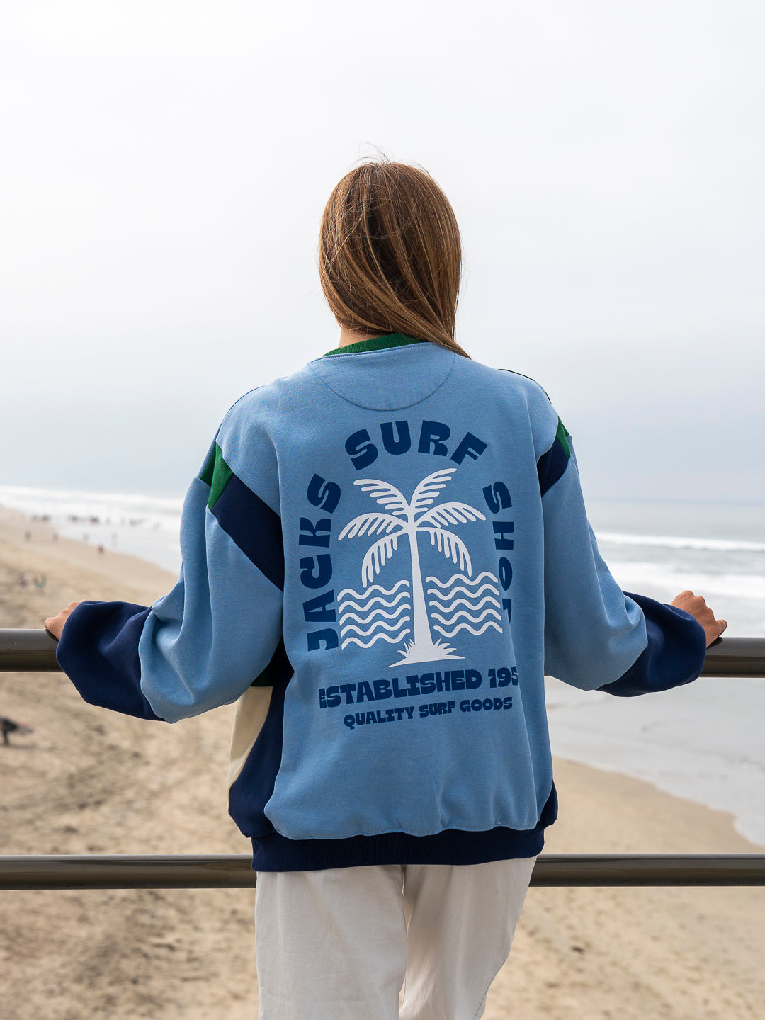 KNL Reworks x Jack's Surfboards Women's Socal Surf Crewneck Sweatshirt - Limited Blue/Navy Patchwork