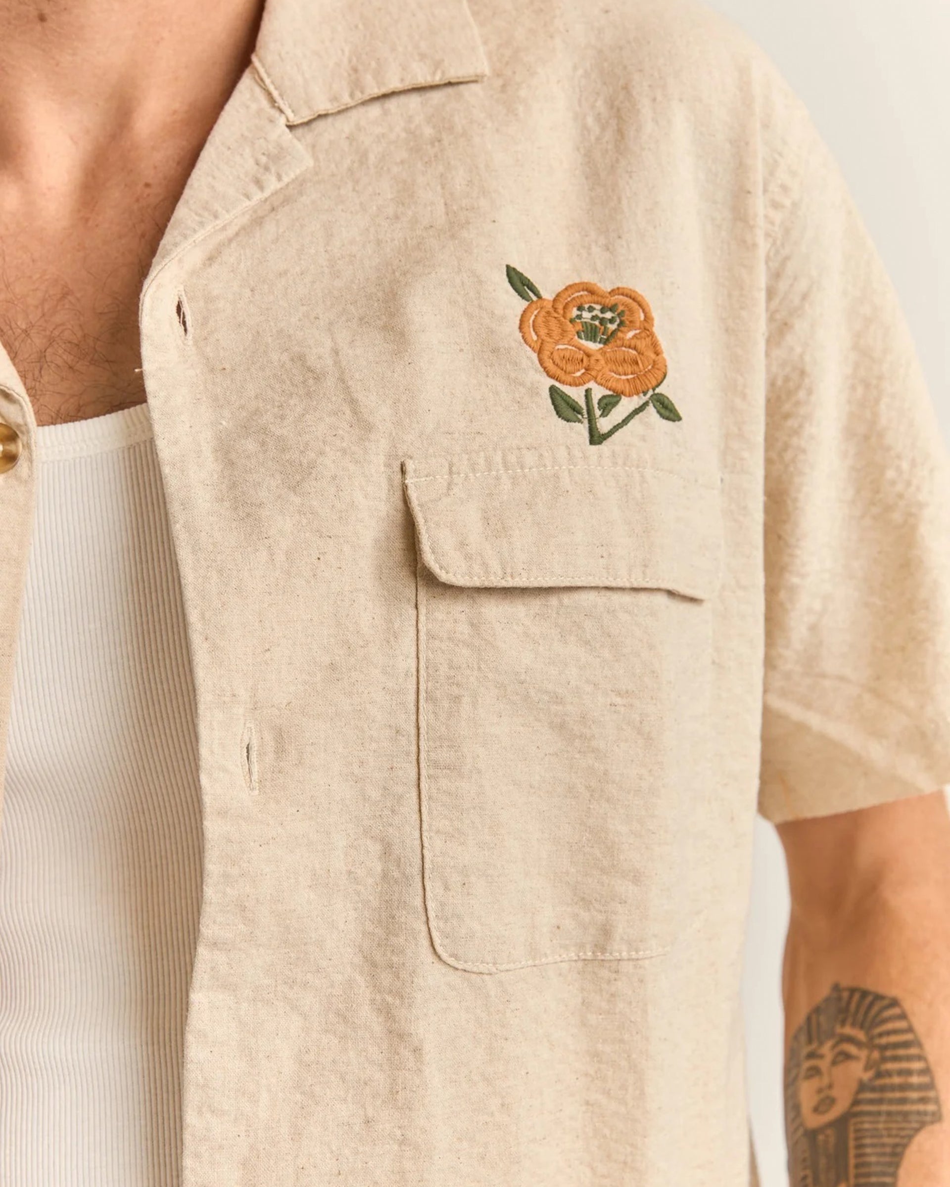 Rhythm Embroidered Seersucker Short Sleeve Shirt - Natural