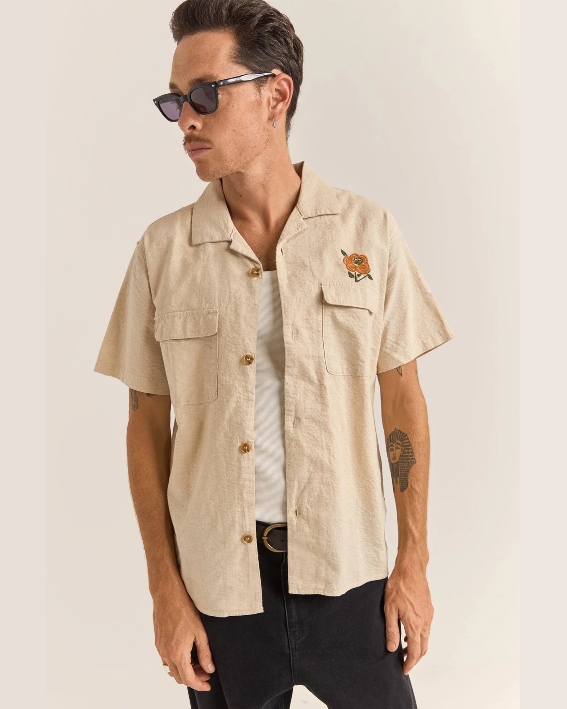 Rhythm Embroidered Seersucker Short Sleeve Shirt - Natural