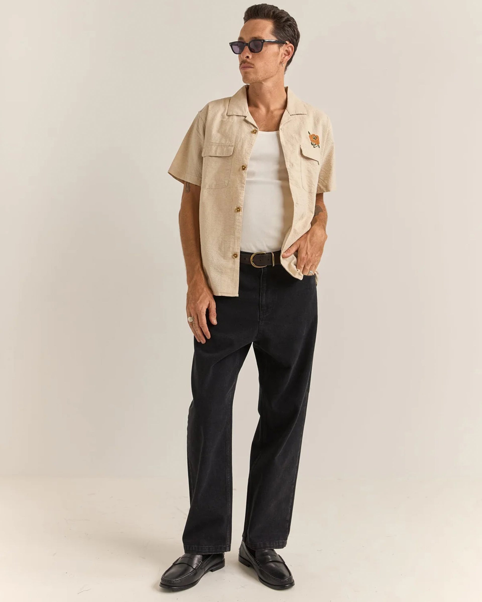 Rhythm Embroidered Seersucker Short Sleeve Shirt - Natural