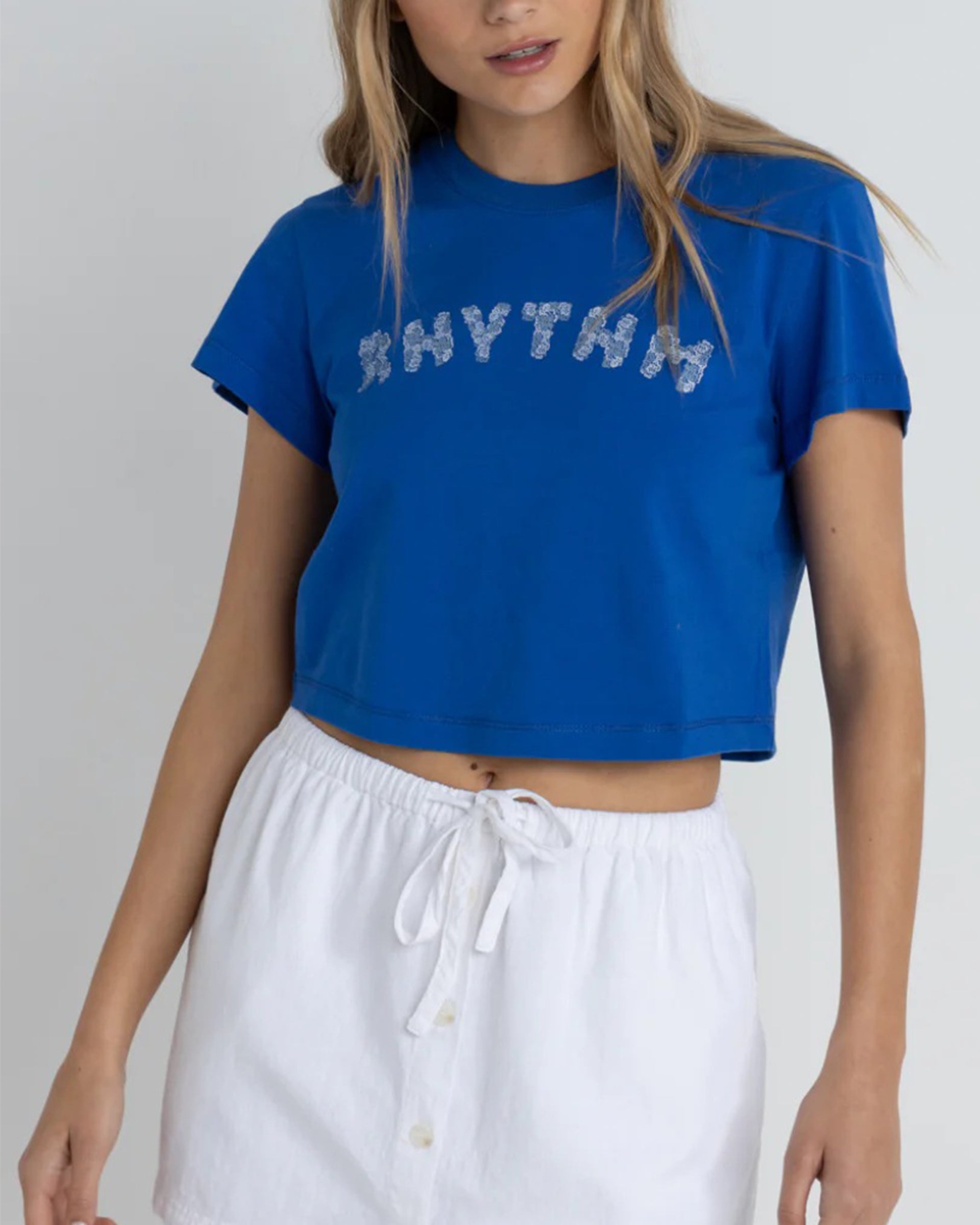 Rhythm Women's Rhythm Flower Crop Crew Short Sleeve T-Shirt - Blue