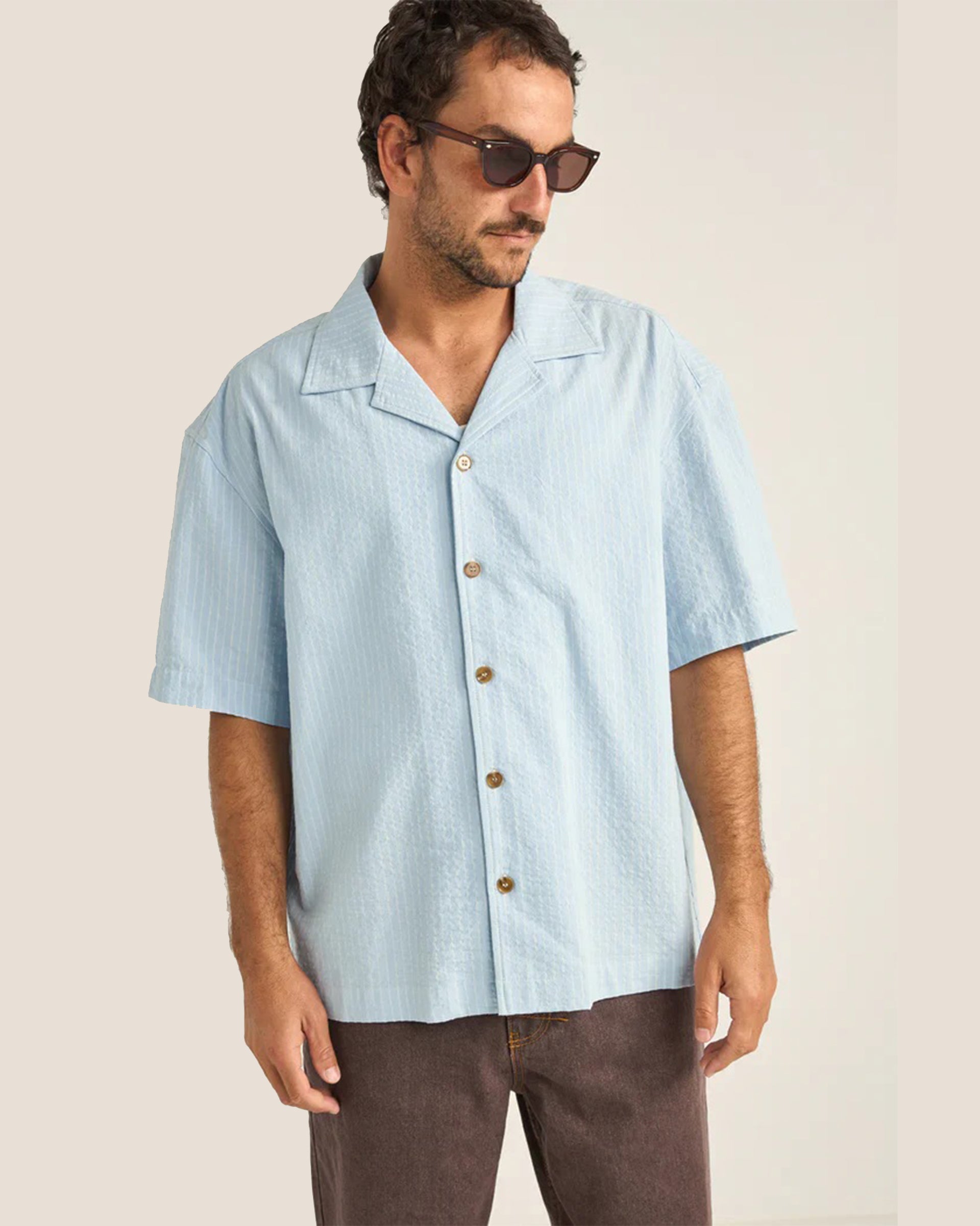 Rhythm Relaxed Stripe Short Sleeve Shirt - Blue