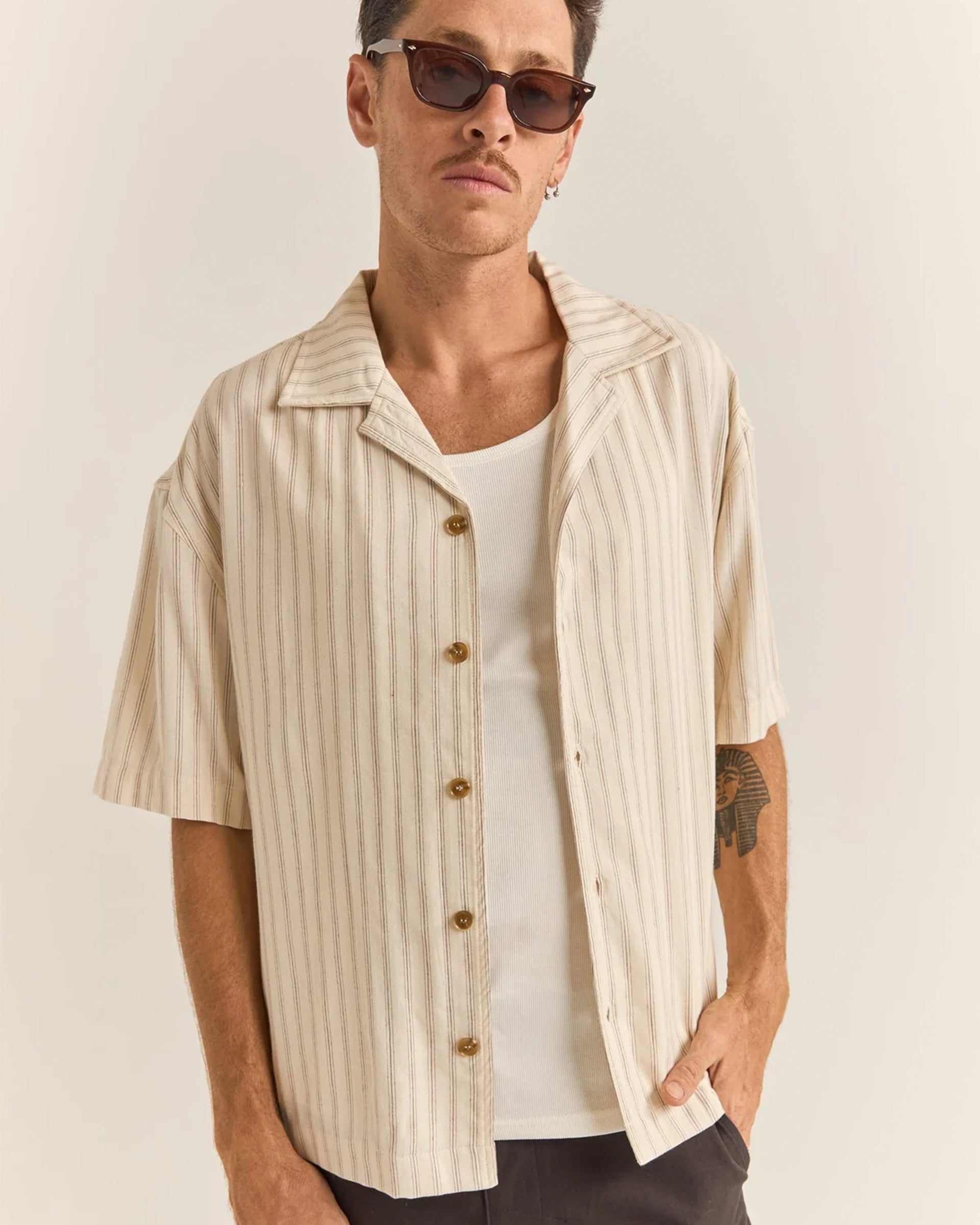 Rhythm Relaxed Stripe Short Sleeve Shirt - Natural