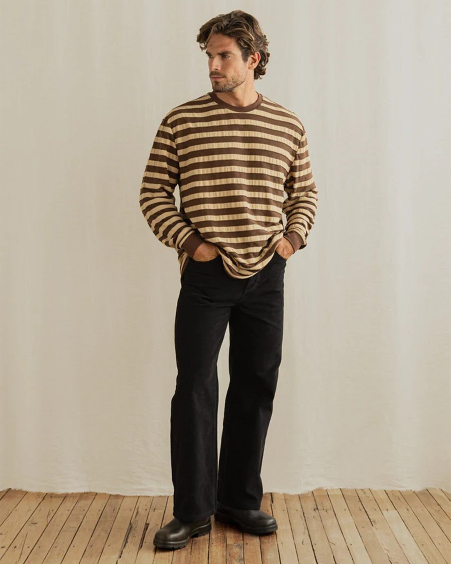 Rhythm Textured Stripe Long Sleeve T-Shirt - Brown