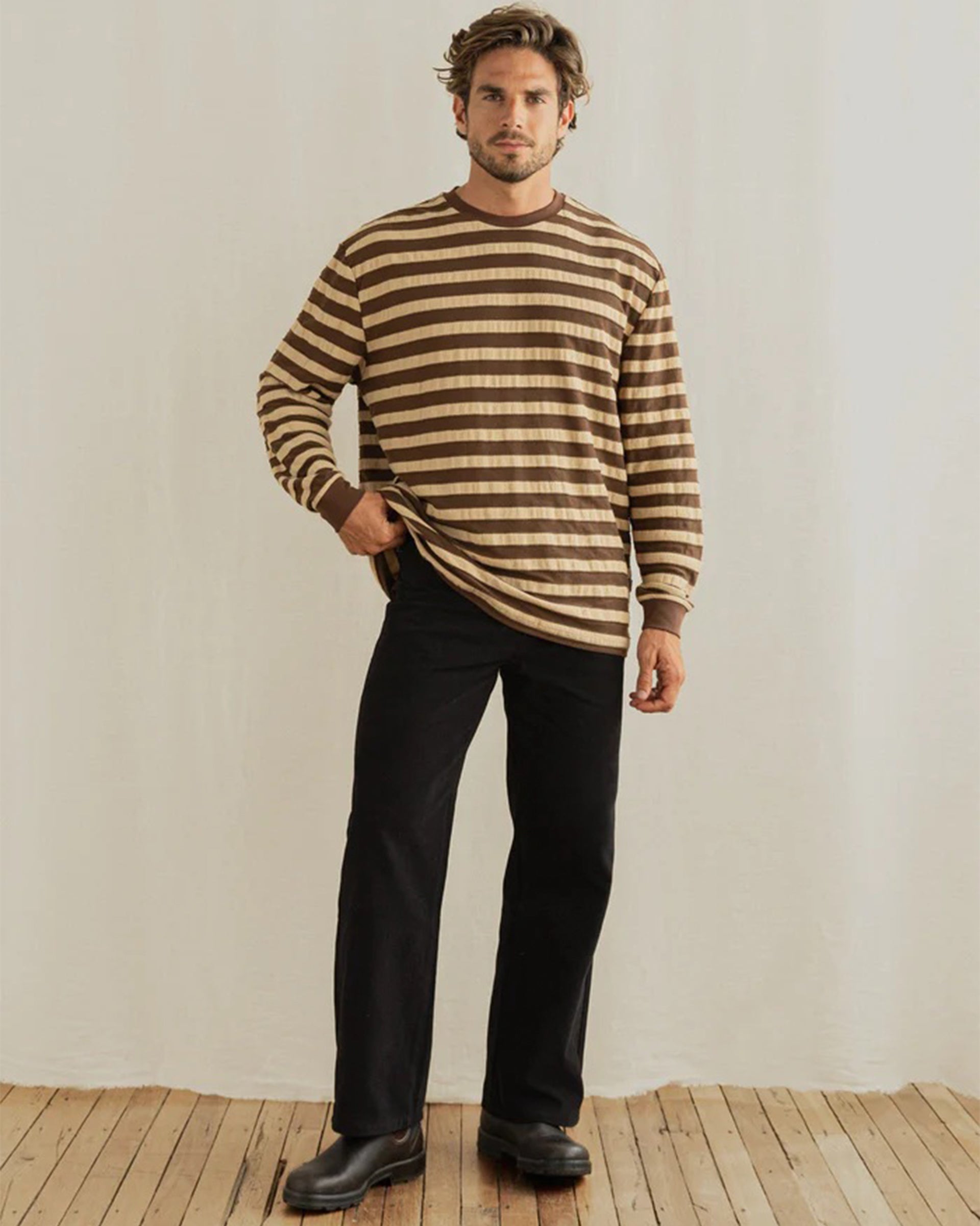 Rhythm Textured Stripe Long Sleeve T-Shirt - Brown