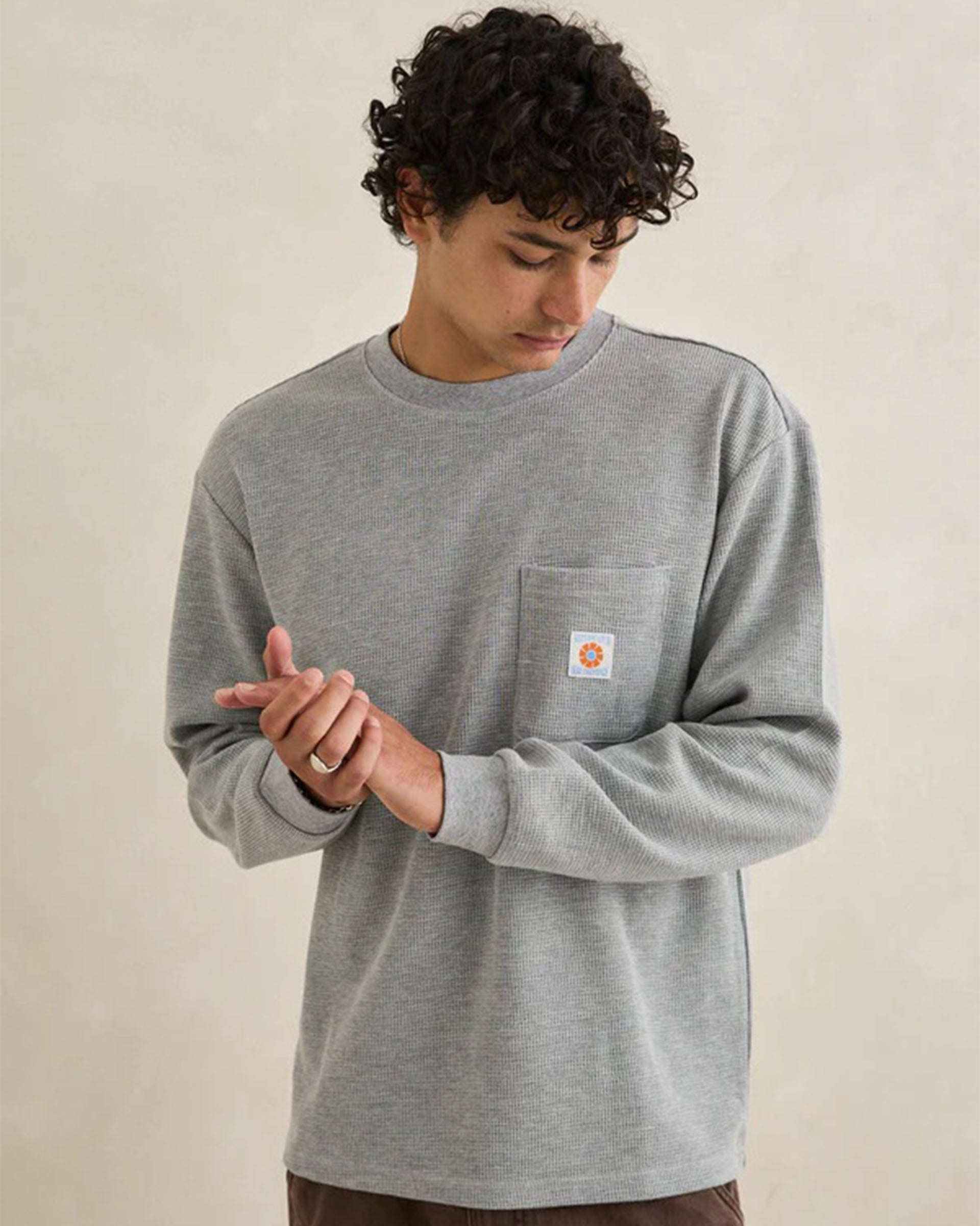 Rhythm Vintage Pocket Long Sleeve Waffle Shirt - Grey Heather