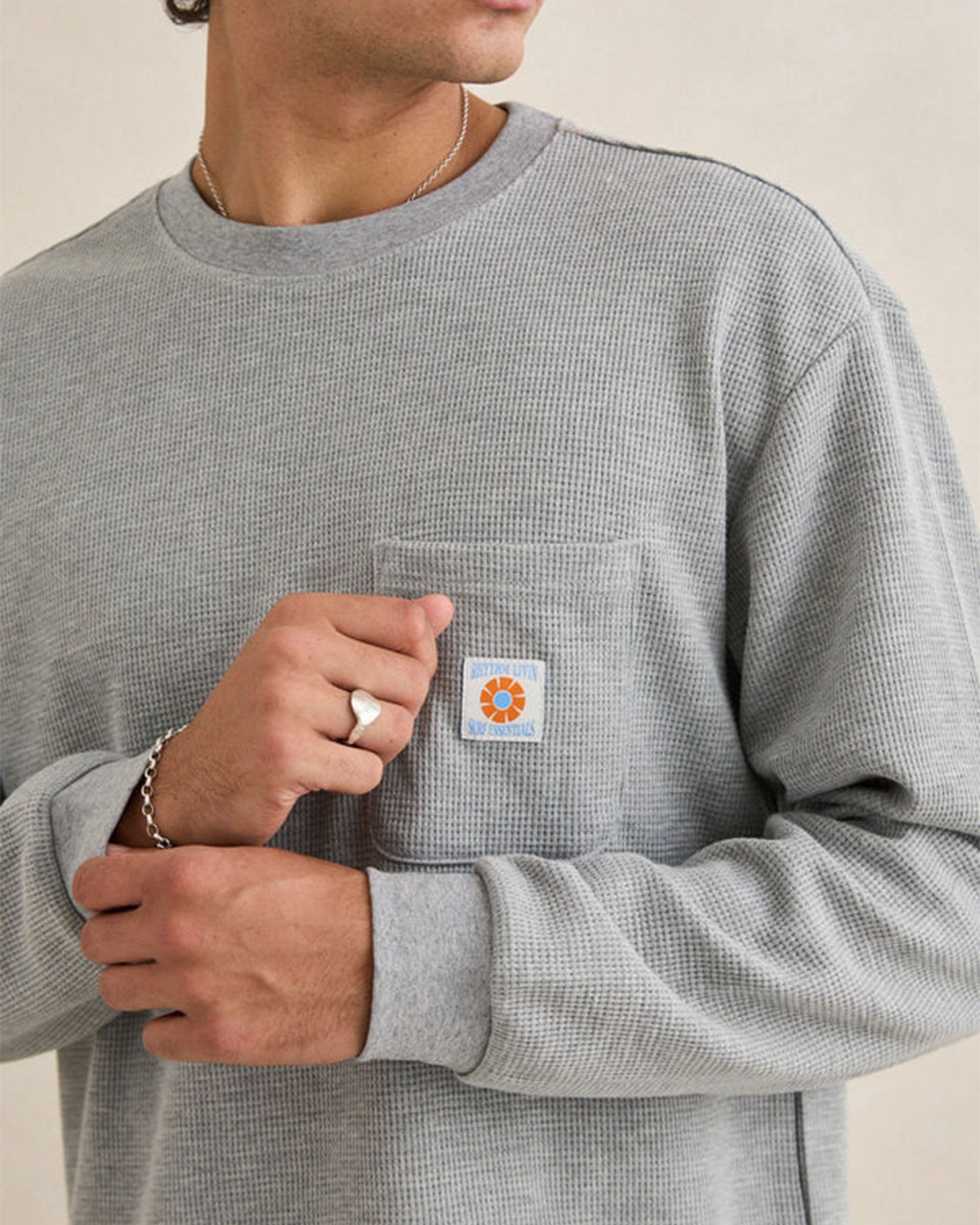 Rhythm Vintage Pocket Long Sleeve Waffle Shirt - Grey Heather