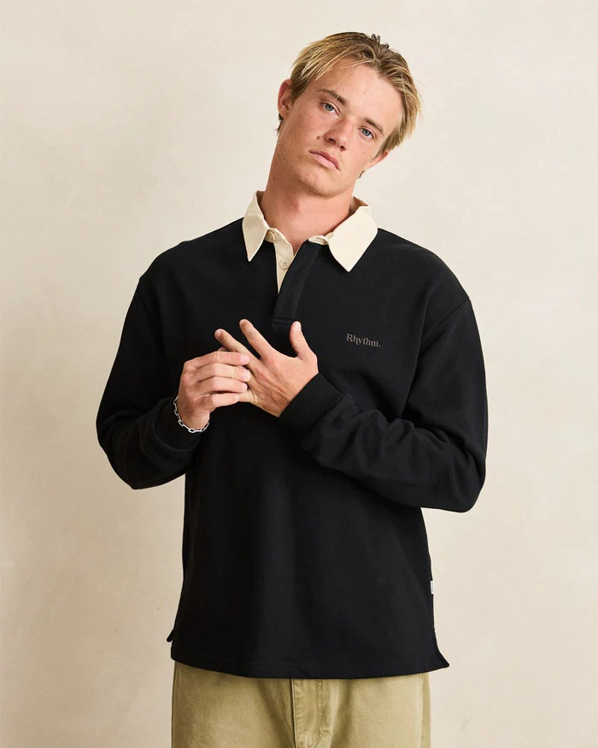 Rhythm Vintage Rugby Long Sleeve Polo - Charcoal