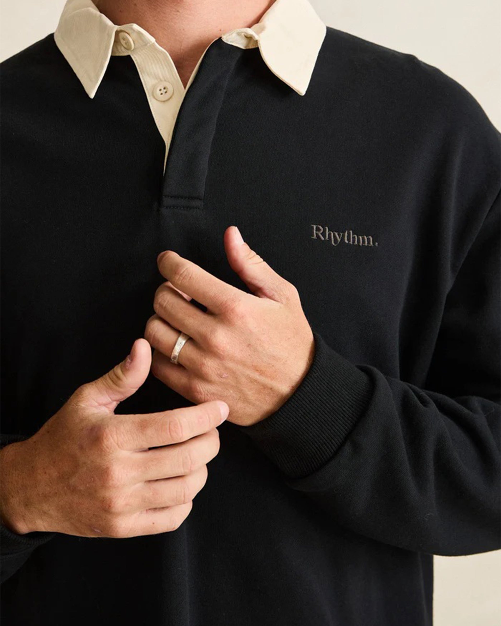 Rhythm Vintage Rugby Long Sleeve Polo - Charcoal