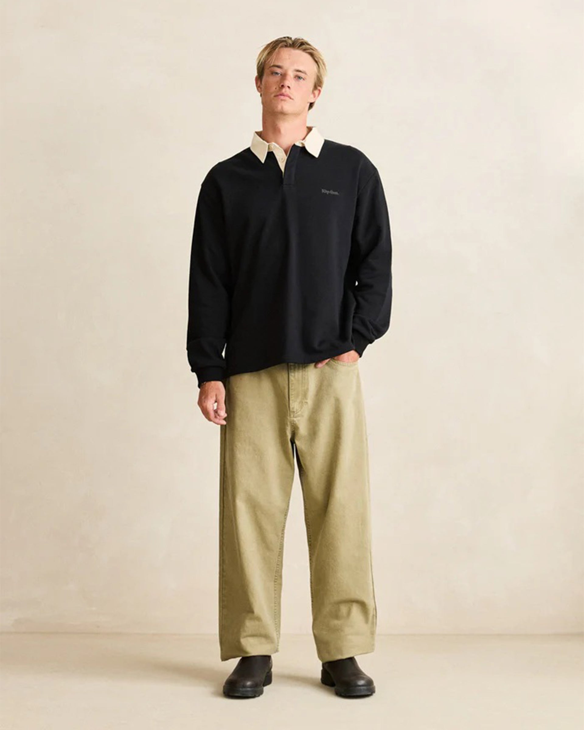 Rhythm Vintage Rugby Long Sleeve Polo - Charcoal