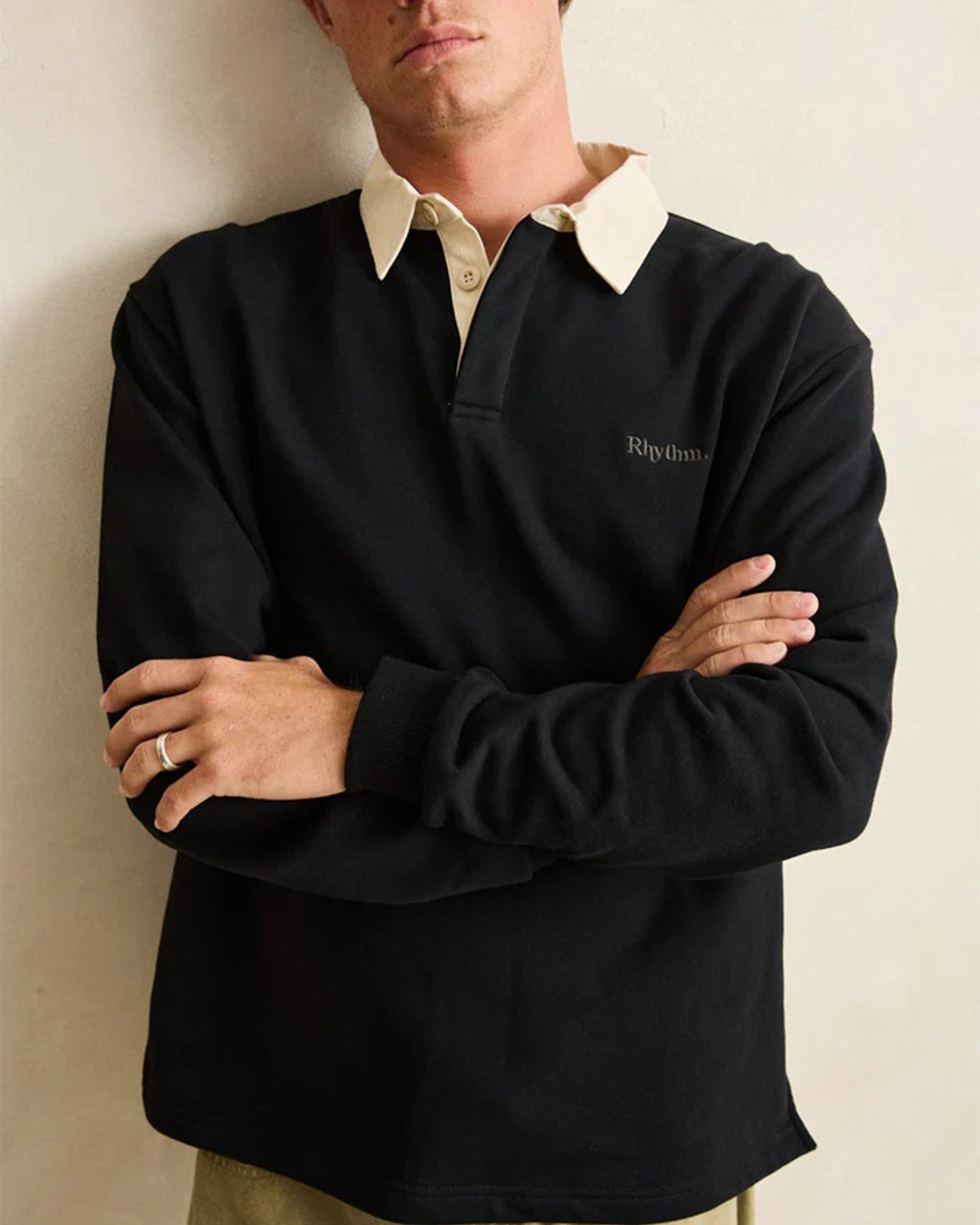 Rhythm Vintage Rugby Long Sleeve Polo - Charcoal