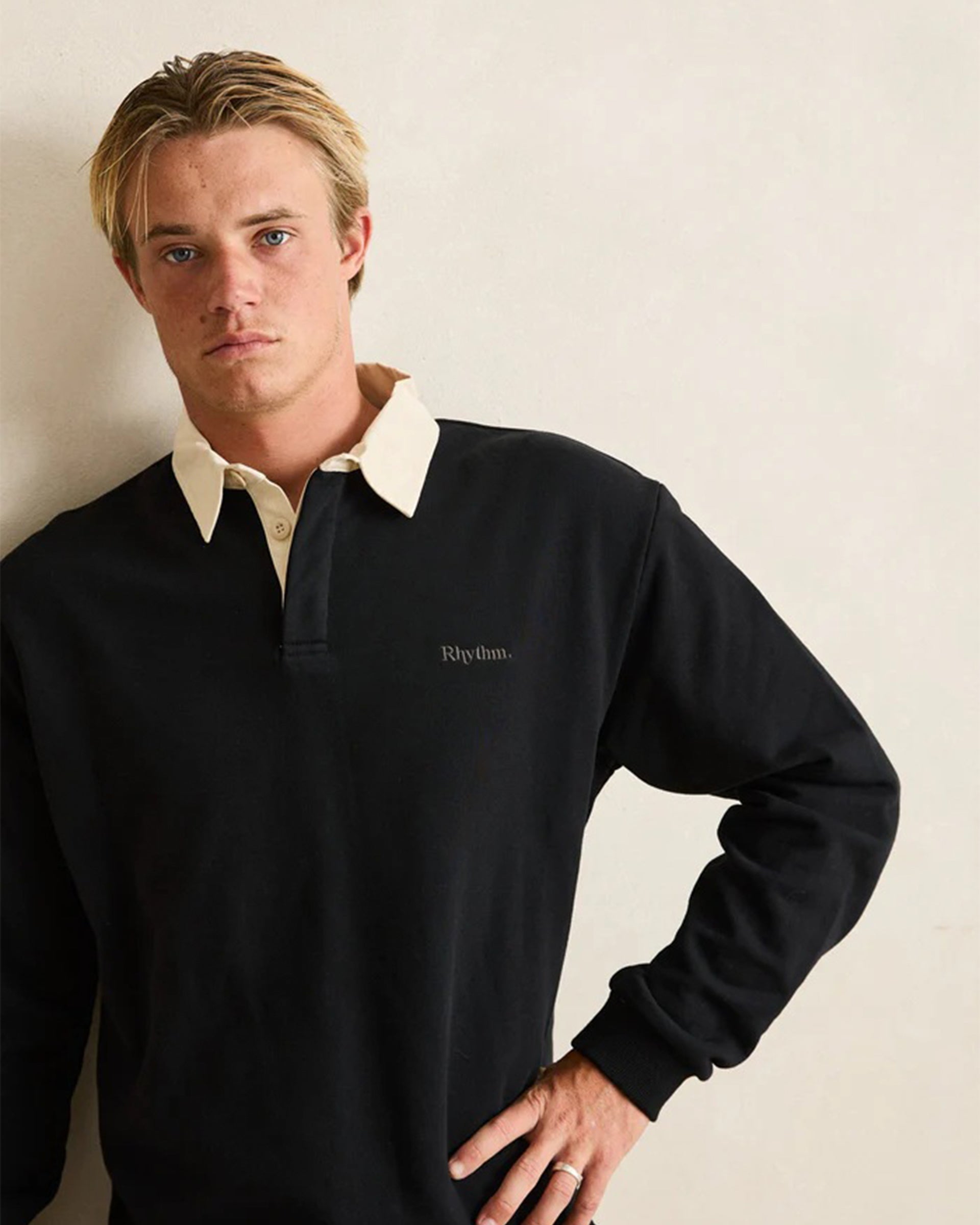 Rhythm Vintage Rugby Long Sleeve Polo - Charcoal