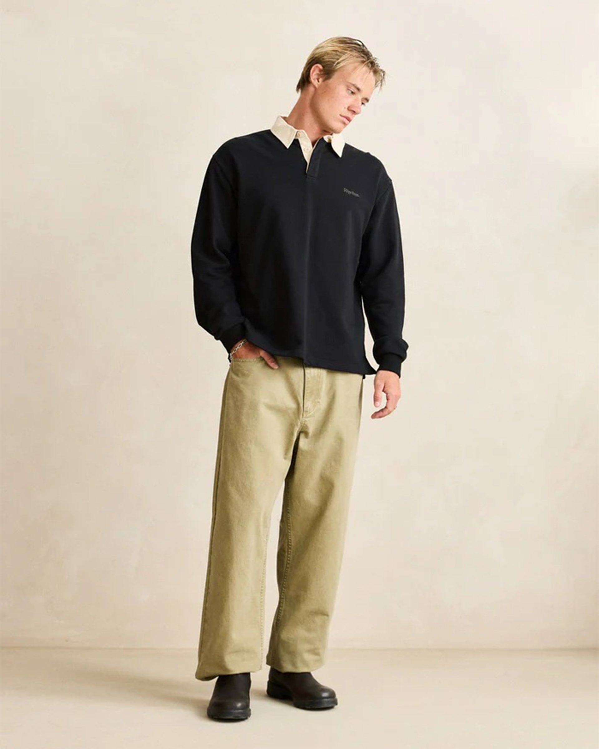 Rhythm Vintage Rugby Long Sleeve Polo - Charcoal