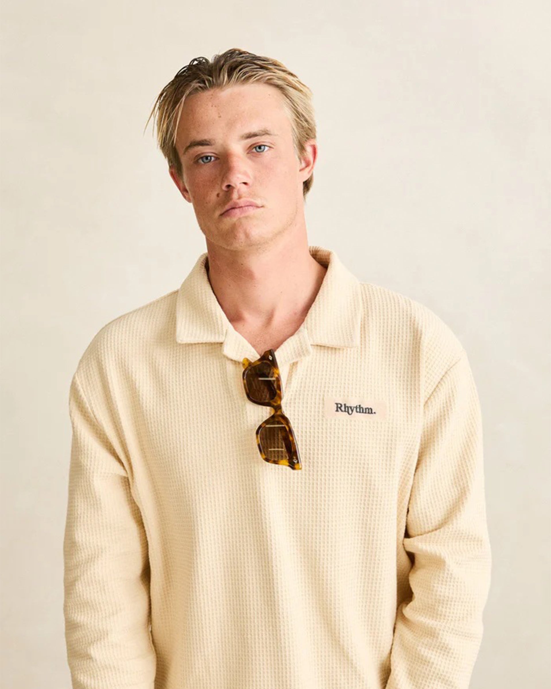 Rhythm Waffle Rugby Long Sleeve Polo - Natural