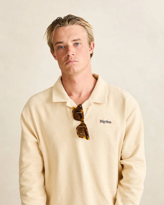 Rhythm Waffle Rugby Long Sleeve Polo - Natural