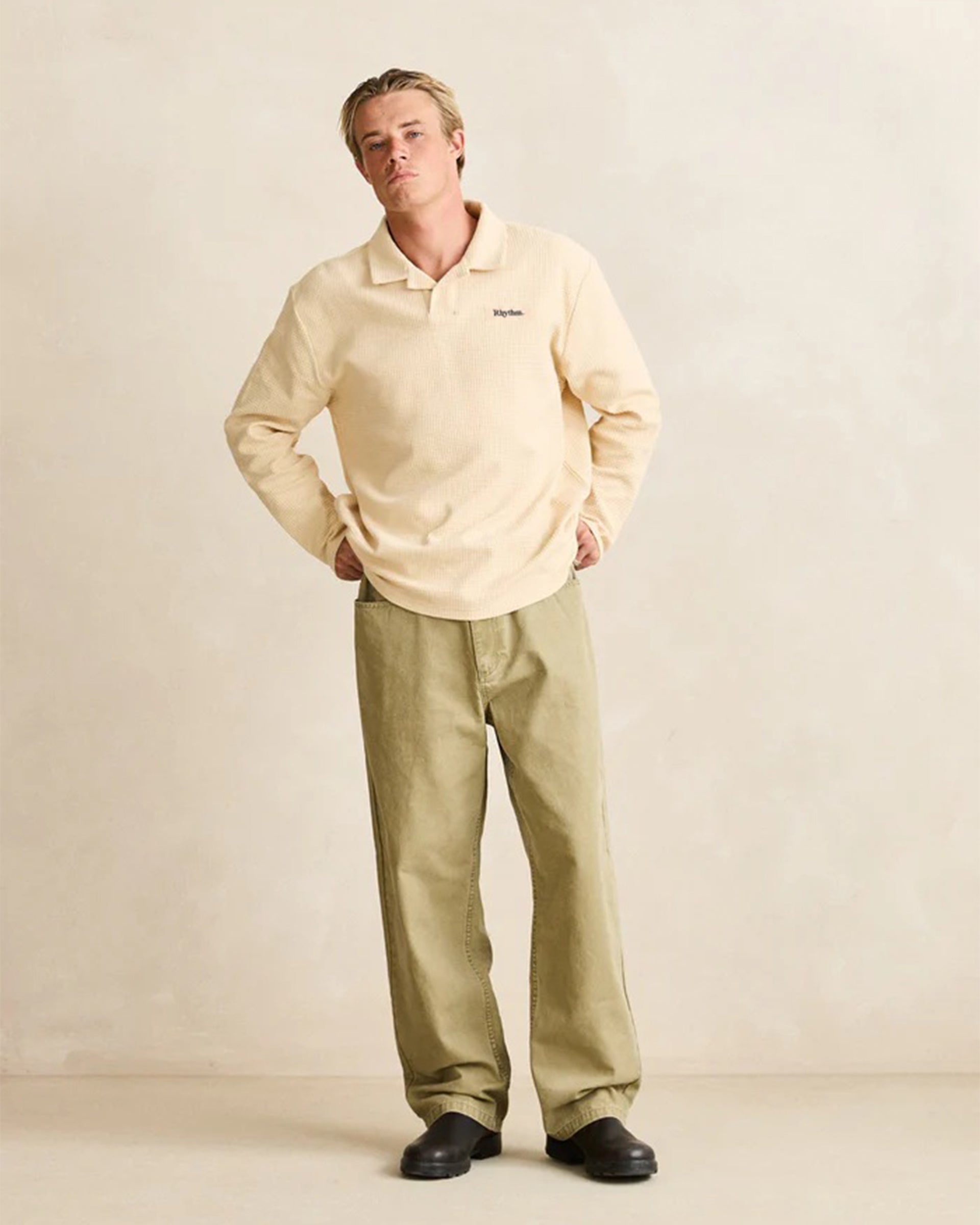 Rhythm Waffle Rugby Long Sleeve Polo - Natural
