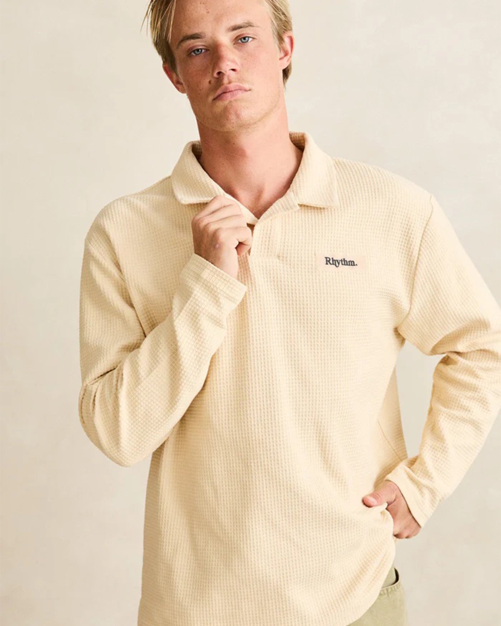 Rhythm Waffle Rugby Long Sleeve Polo - Natural