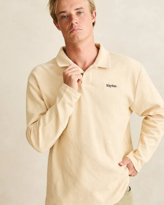 Rhythm Waffle Rugby Long Sleeve Polo - Natural