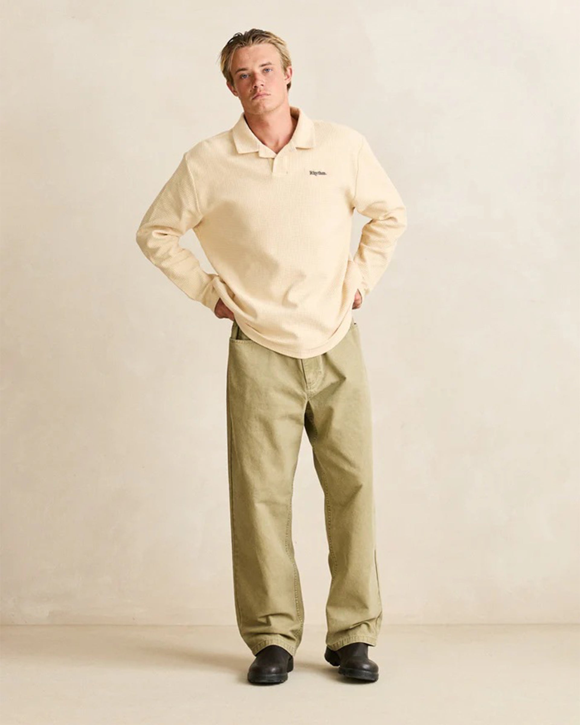 Rhythm Waffle Rugby Long Sleeve Polo - Natural
