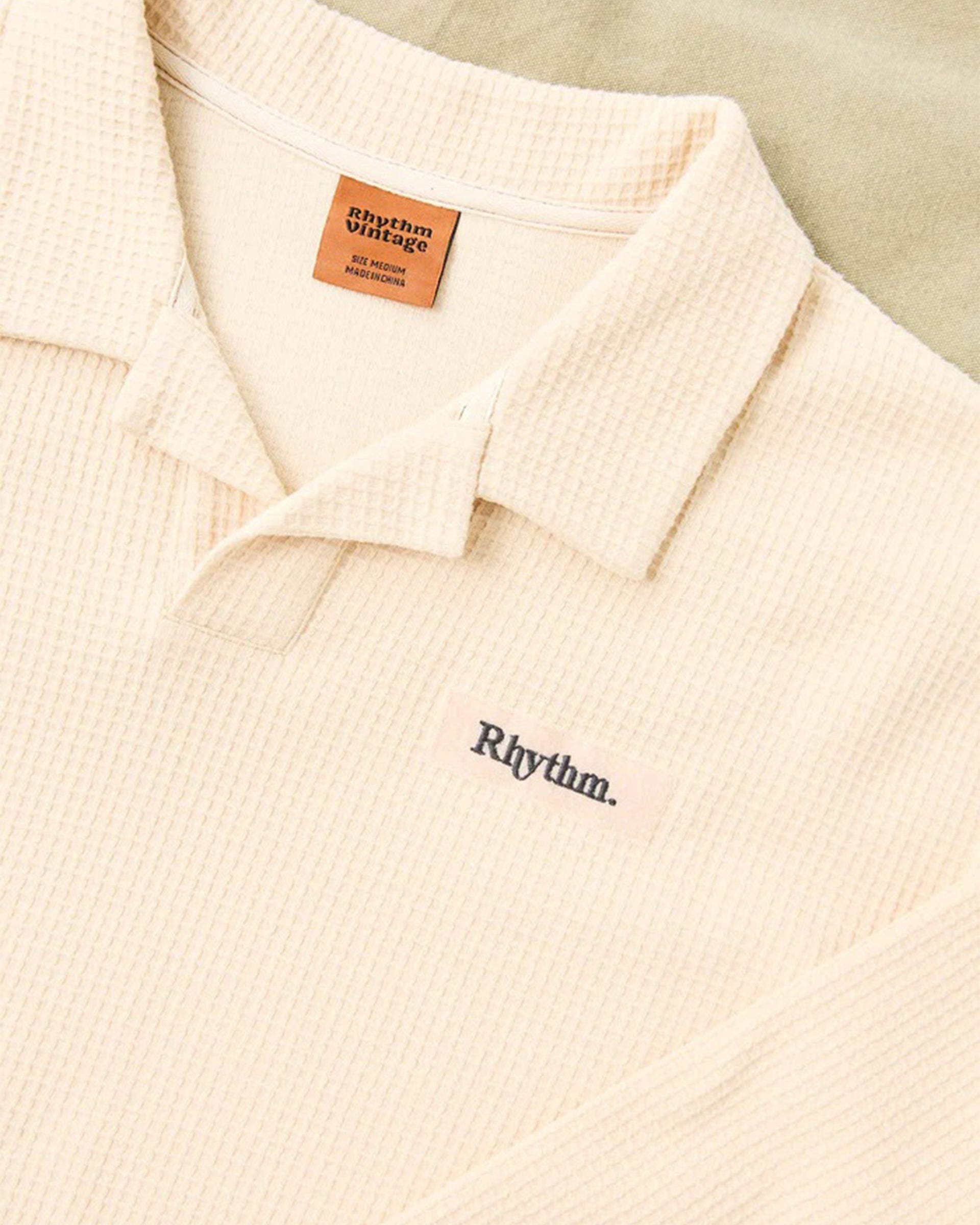Rhythm Waffle Rugby Long Sleeve Polo - Natural