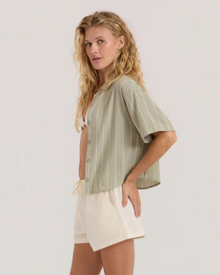 Roark Women's Bless Up Cropped Button Up Shirt - Sage Stripe