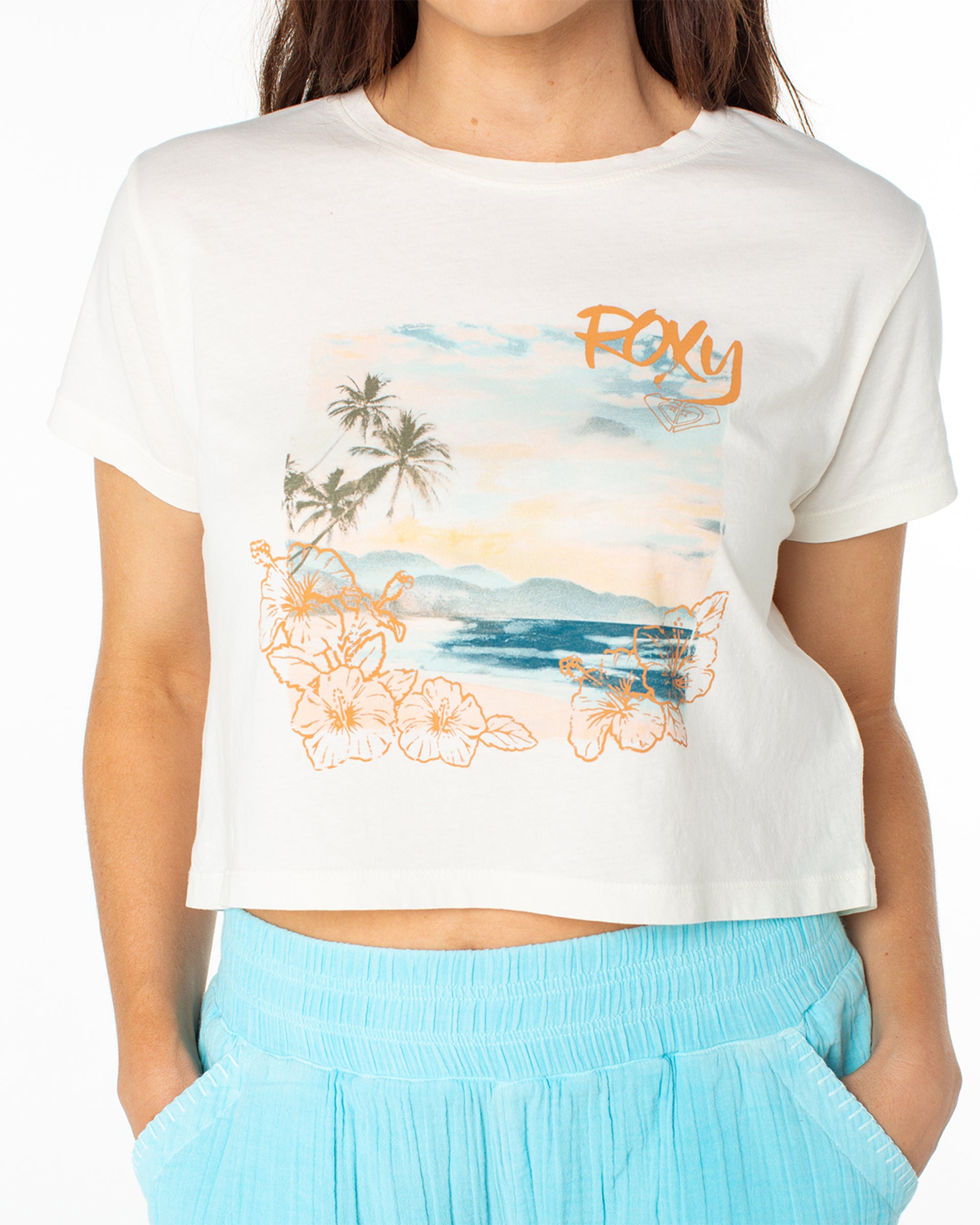 Roxy Women's Beach Collage Short Sleeve Cropped Boxy T-Shirt - Egret Beach Collage