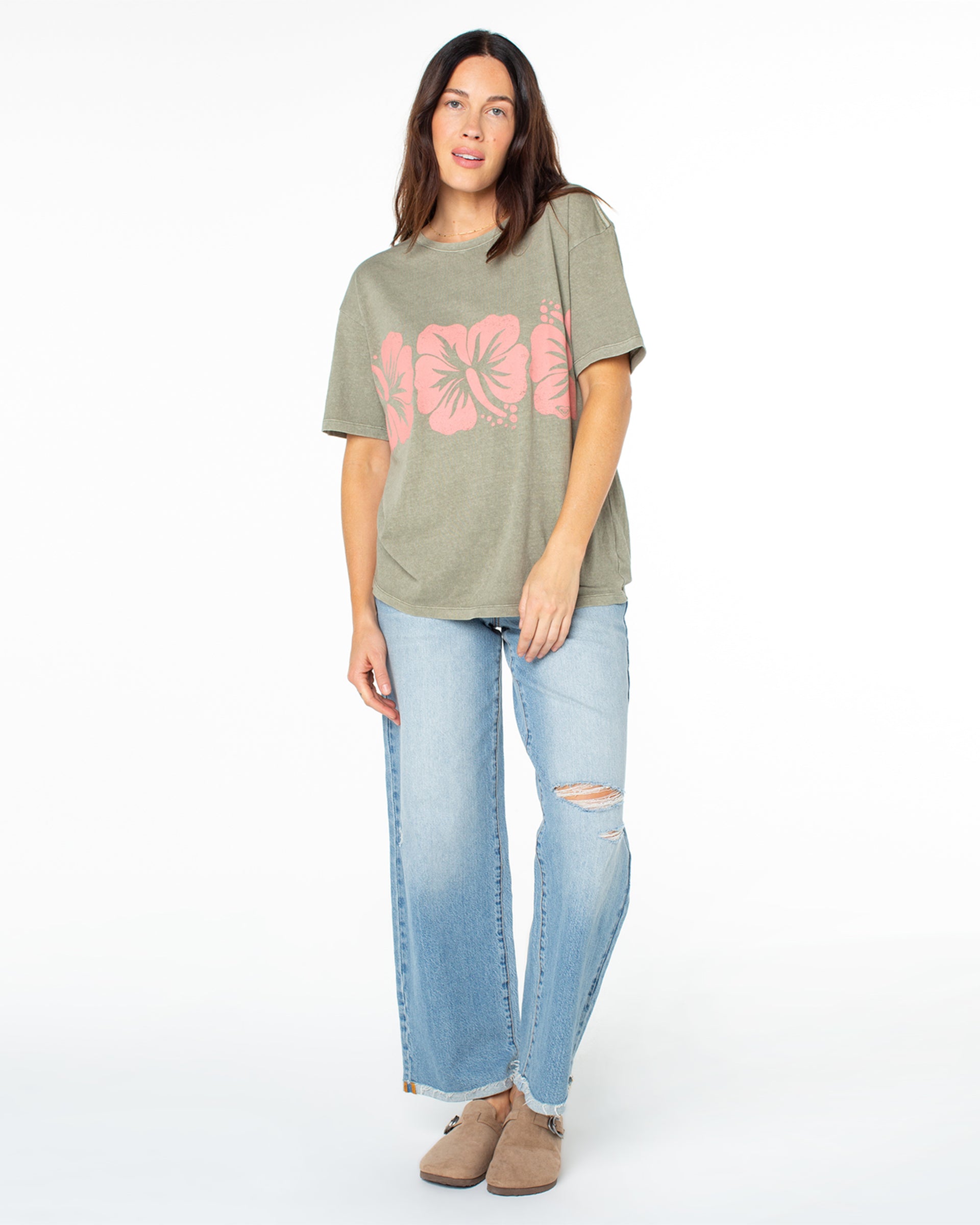 Roxy Women's Flower Block Short Sleeve T-Shirt - Vetiver Solid