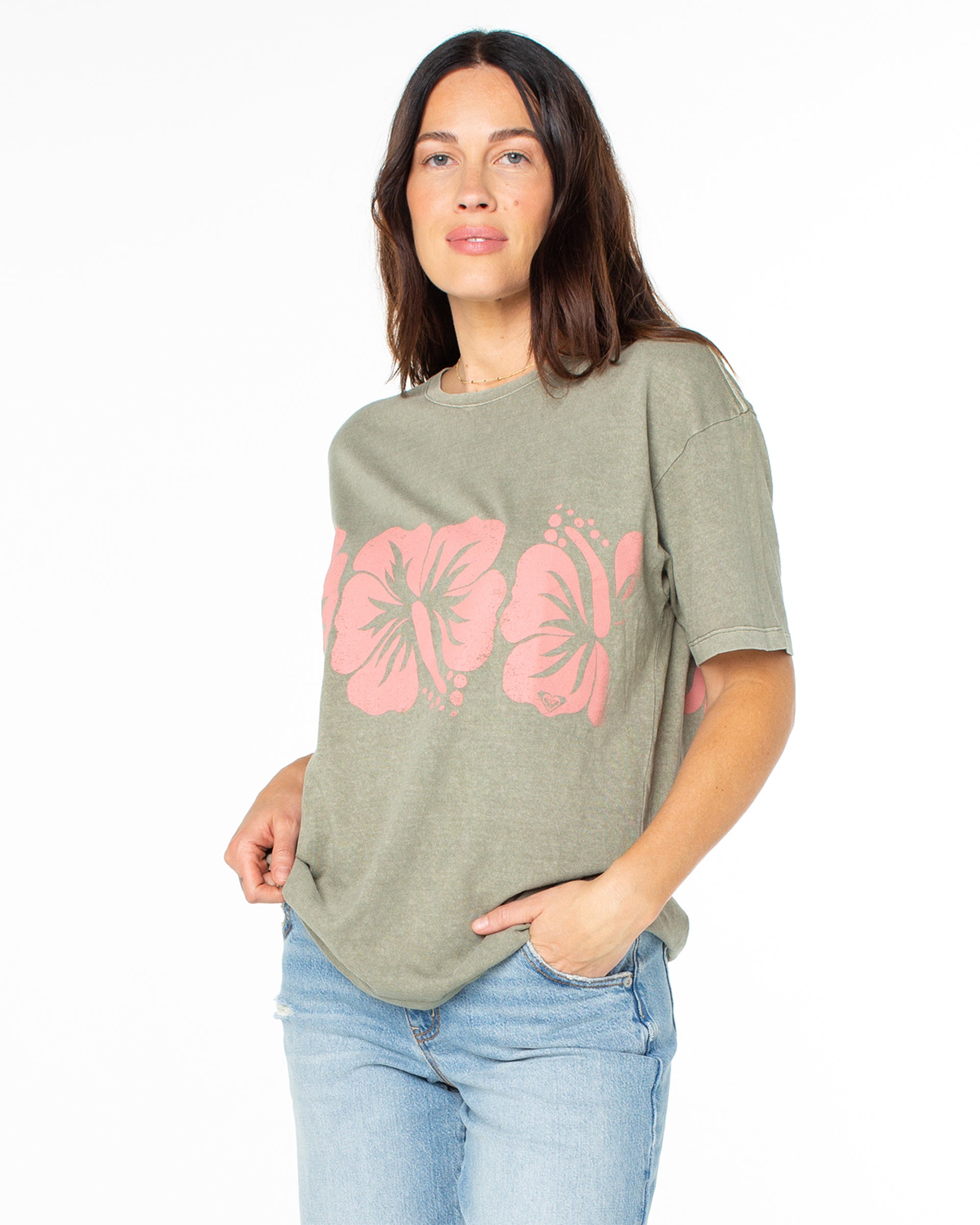 Roxy Women's Flower Block Short Sleeve T-Shirt - Vetiver Solid