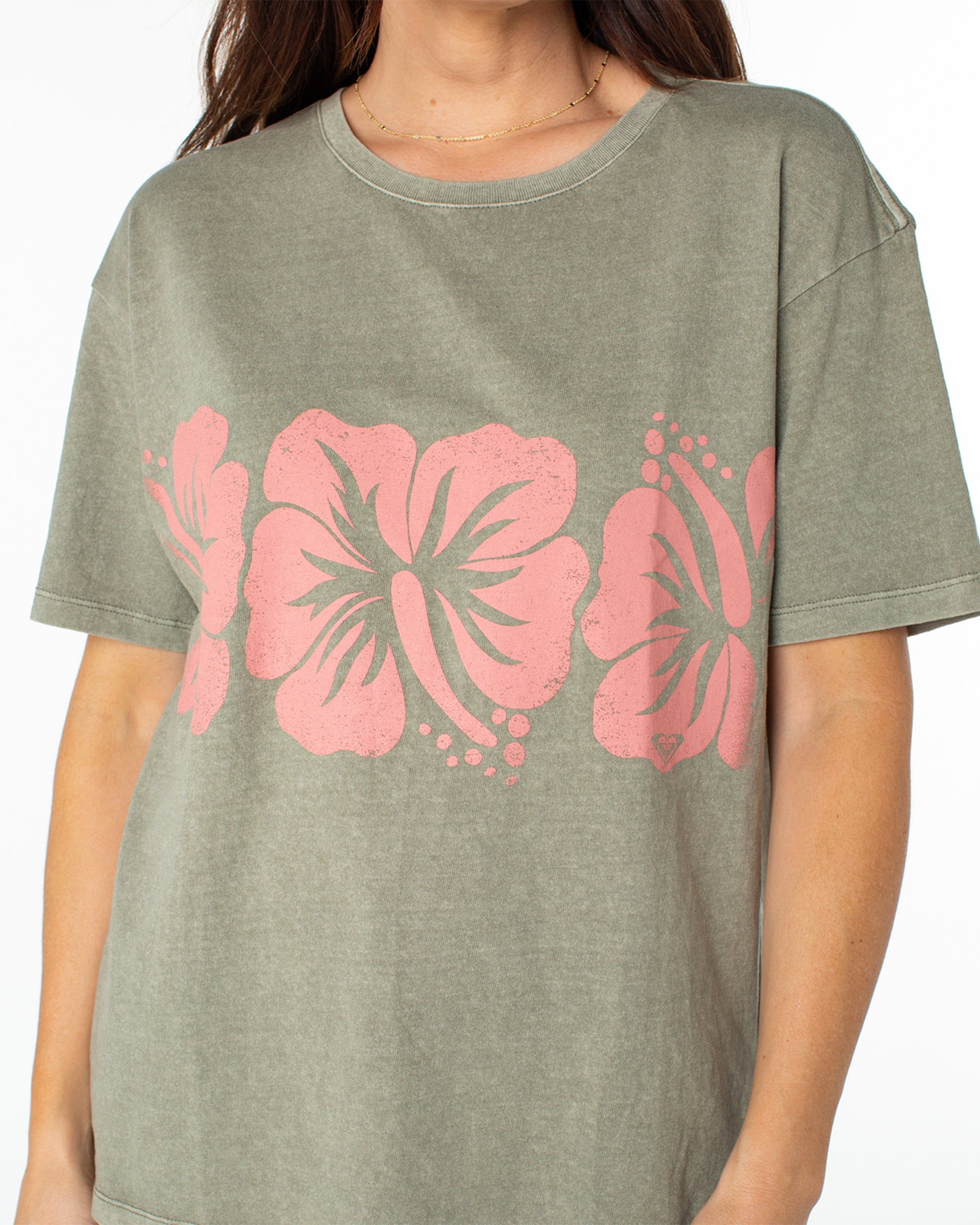 Roxy Women's Flower Block Short Sleeve T-Shirt - Vetiver Solid