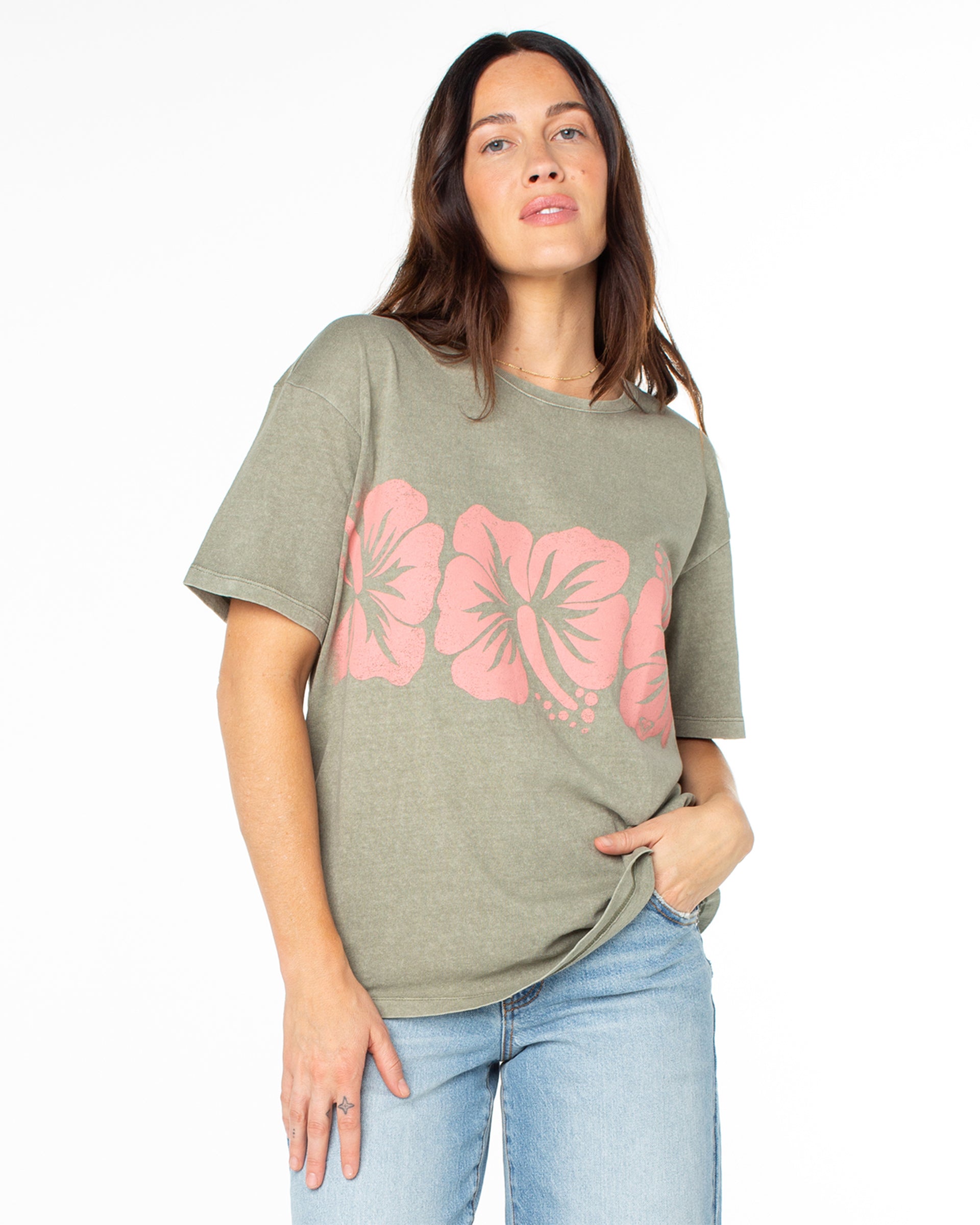 Roxy Women's Flower Block Short Sleeve T-Shirt - Vetiver Solid