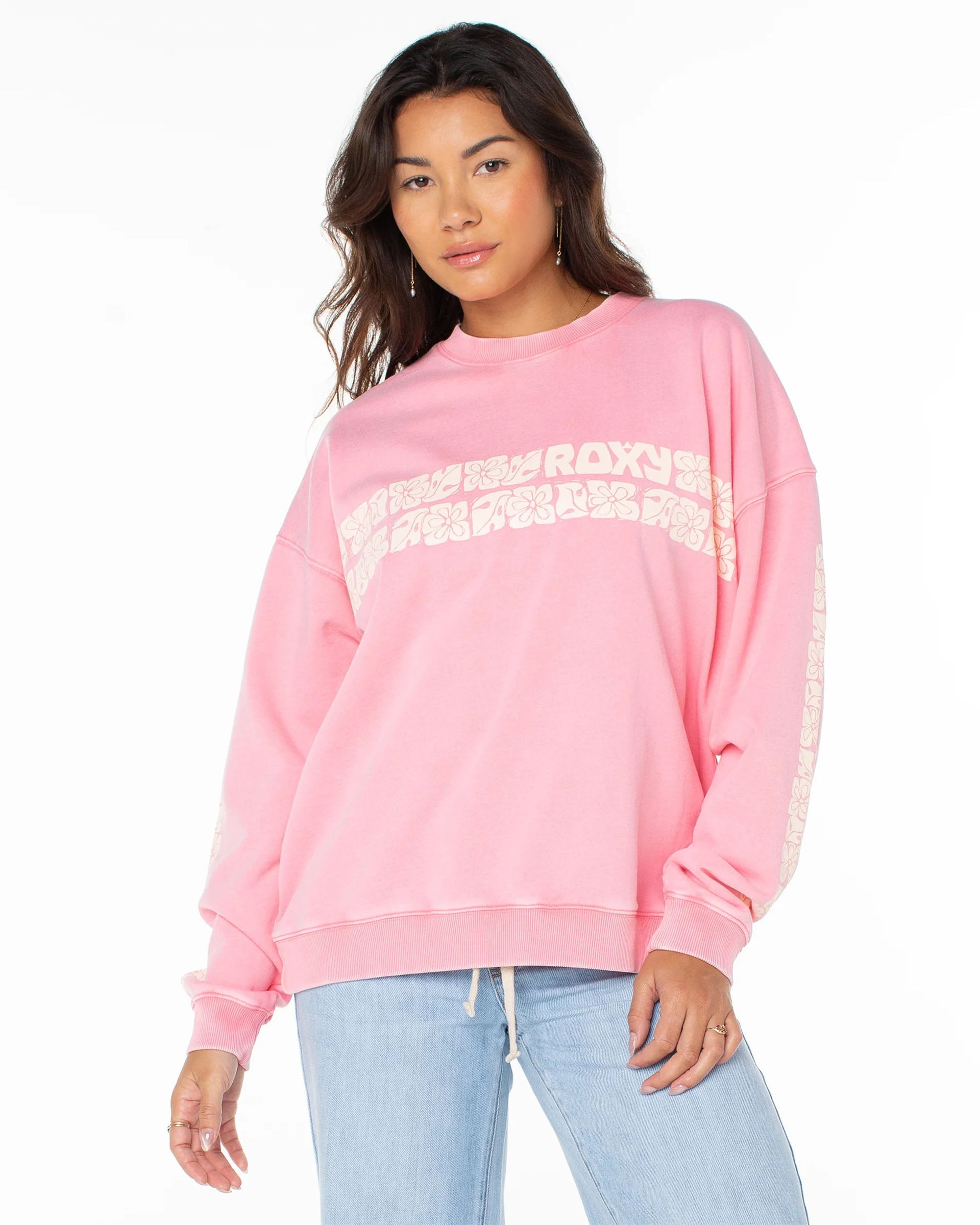 Roxy Women's Lineup Oversized Crewneck Sweater - Strawberry Pink Okinawa Stripe