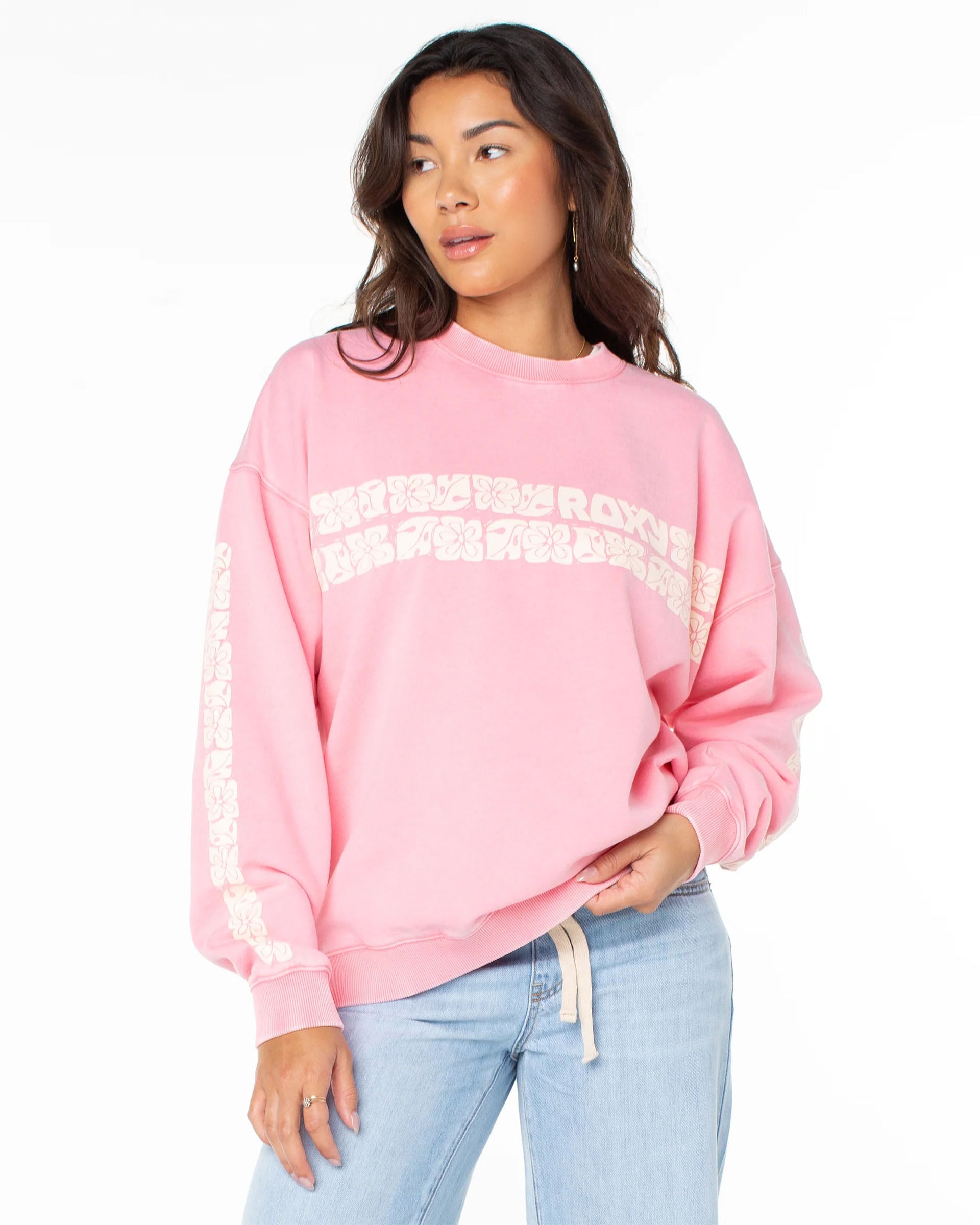 Roxy Women's Lineup Oversized Crewneck Sweater - Strawberry Pink Okinawa Stripe