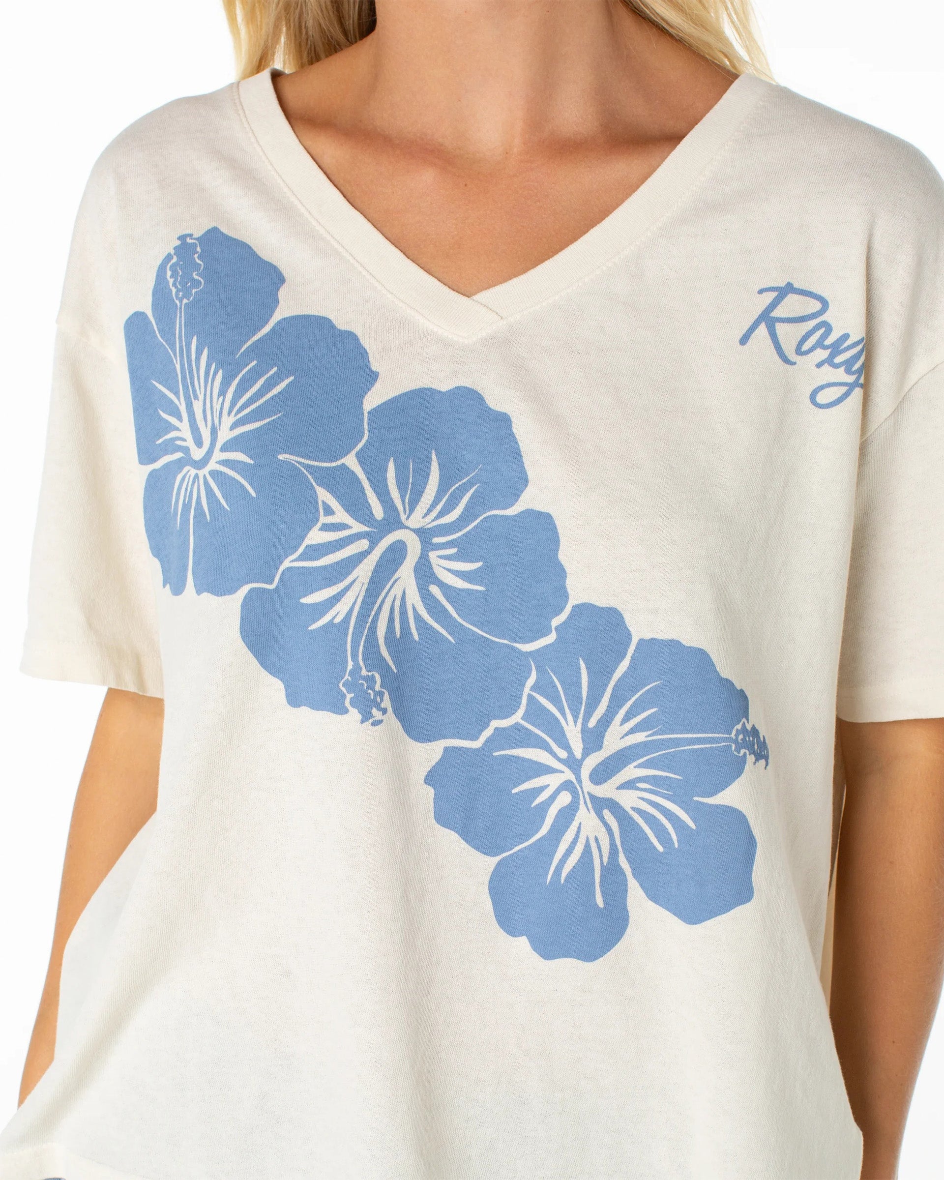 Roxy Women's Oversized V-Neck S/S T-Shirt - Cloud Dancer Blossom Fiesta
