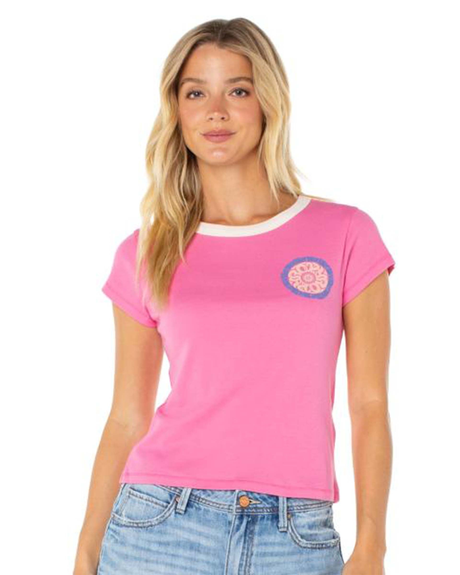Roxy Women's Surf Life 90's Baby Ringer Tee - Shocking Pink
