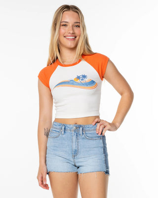 Roxy Women's Wave Stripe Cropped Baby Tee - Tigerlily Wave Stripe