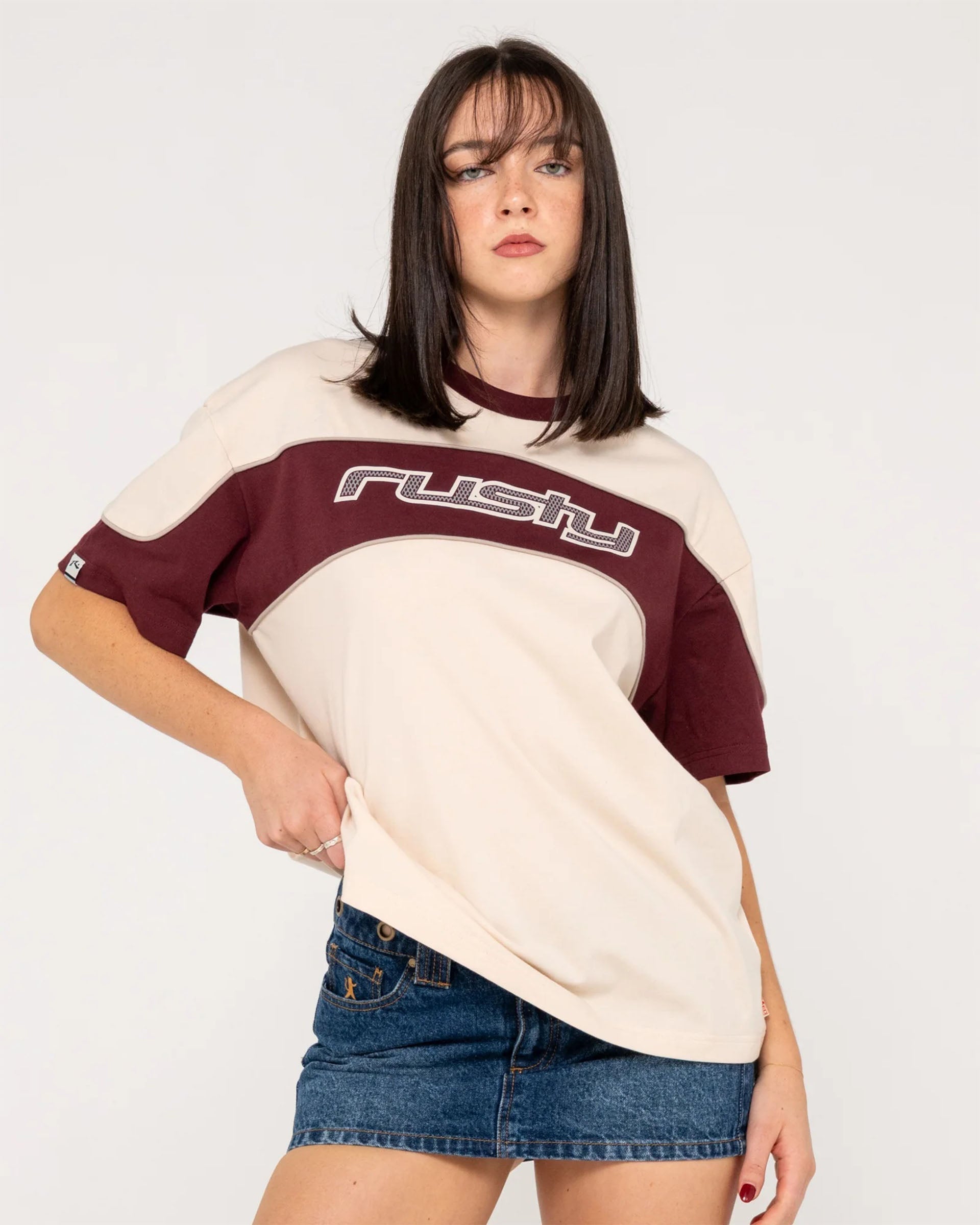 Rusty Women's Kinetic Oversize Short Sleeve T-Shirt - Cream/Burgundy