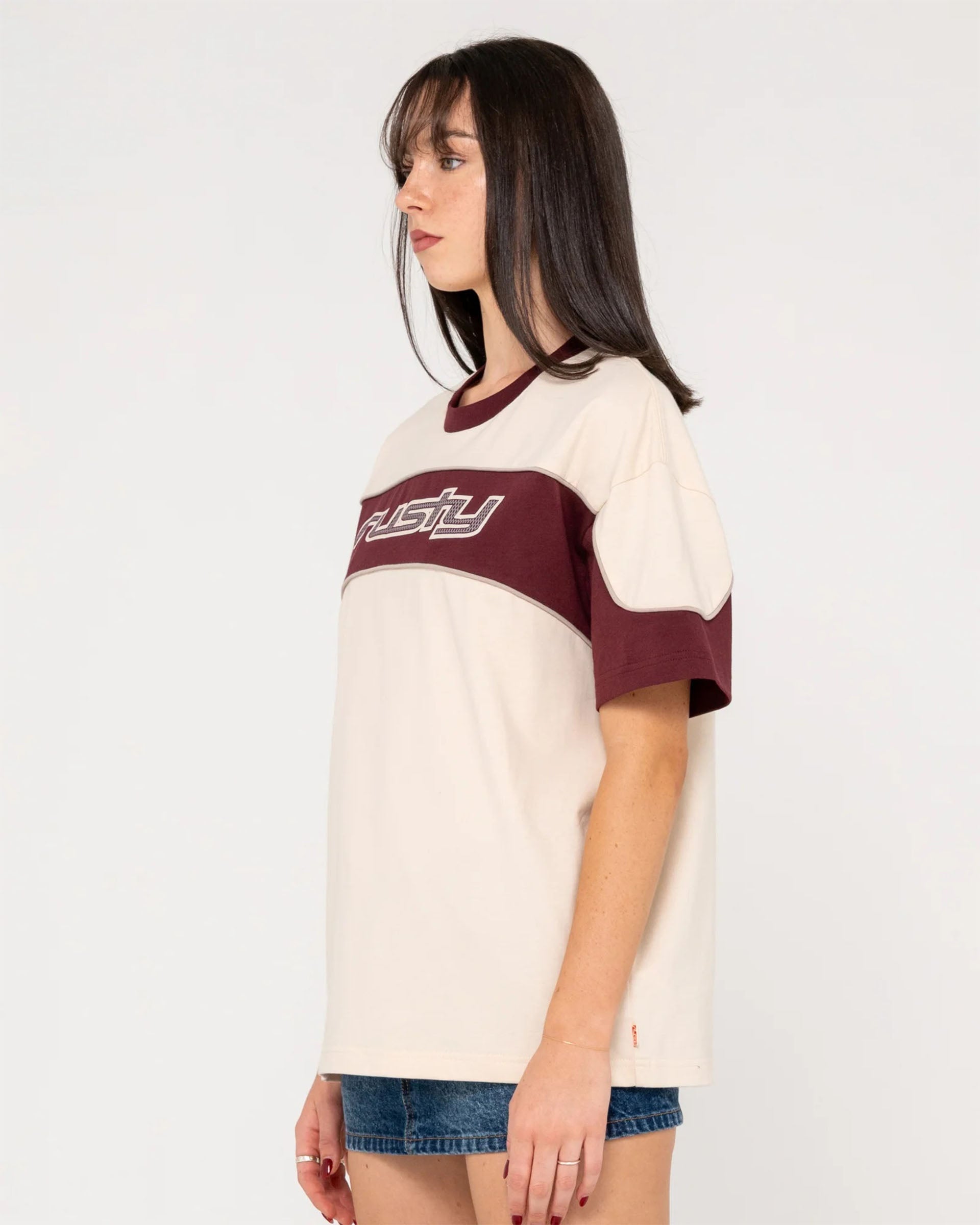 Rusty Women's Kinetic Oversize Short Sleeve T-Shirt - Cream/Burgundy